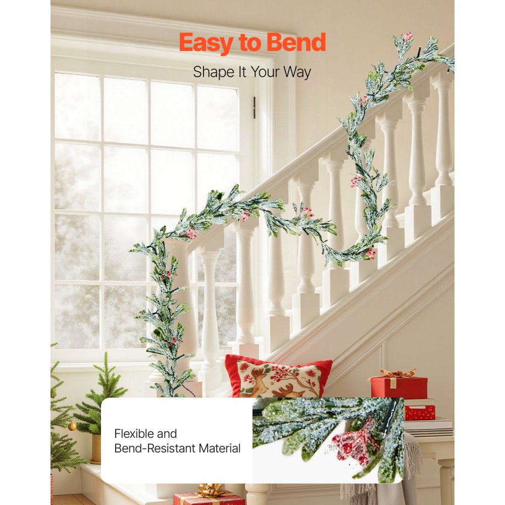 VEVOR Christmas Garland, 9-FT Realistic Greenery Decorated with Vines, Olive Leaves, and Berries, Evergreen Faux Garlands with Light String for Indoor Outdoor Xmas Decoration on Mantel Fireplace
