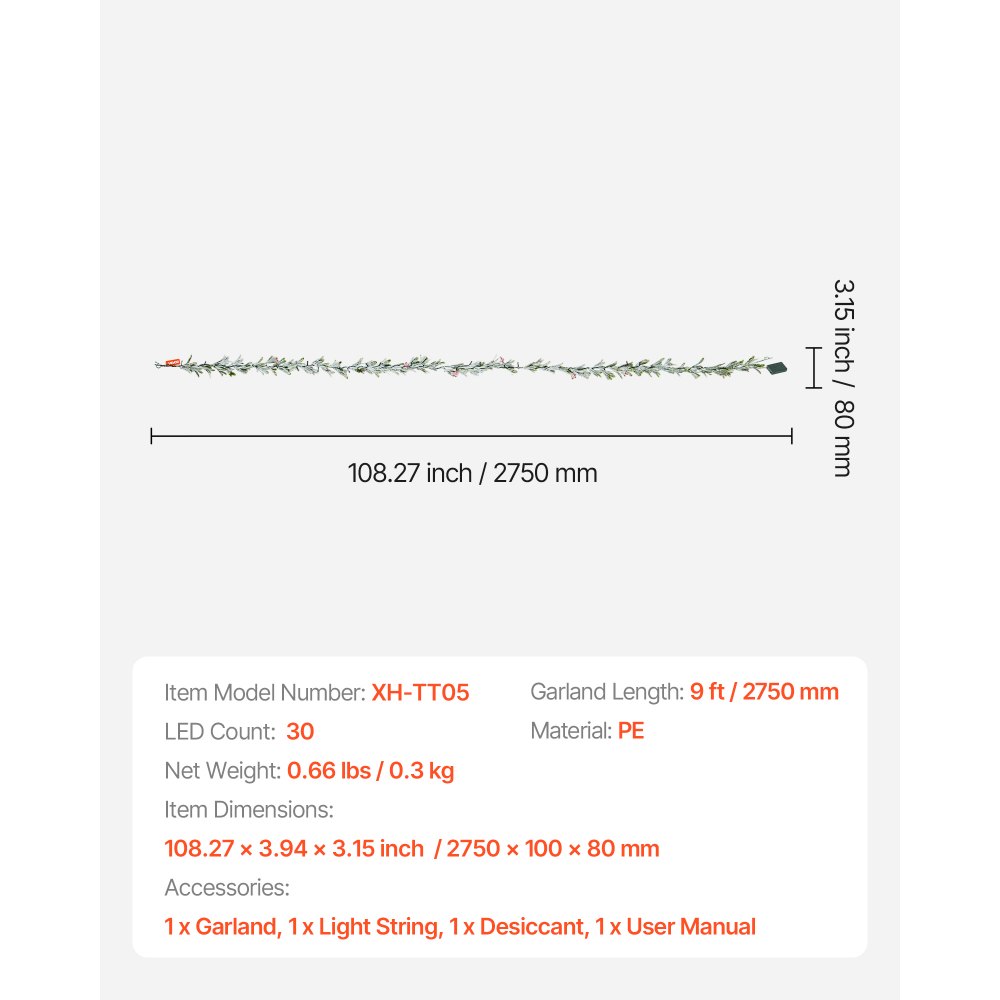 VEVOR Christmas Garland, 9-FT Realistic Greenery Decorated with Vines, Olive Leaves, and Berries, Evergreen Faux Garlands with Light String for Indoor Outdoor Xmas Decoration on Mantel Fireplace