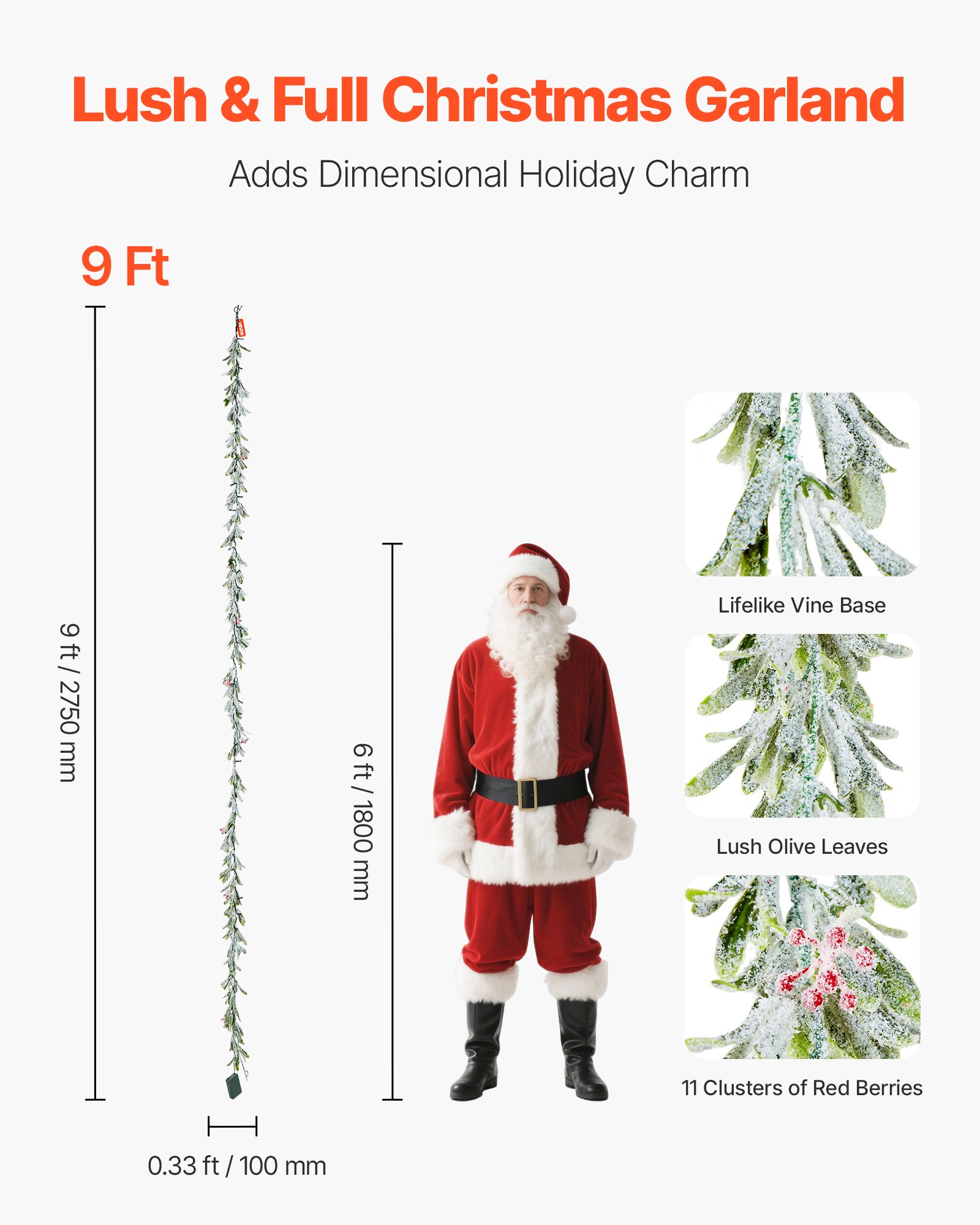 VEVOR Christmas Garland, 9-FT Realistic Greenery Decorated with Vines, Olive Leaves, and Berries, Evergreen Faux Garlands with Light String for Indoor Outdoor Xmas Decoration on Mantel Fireplace