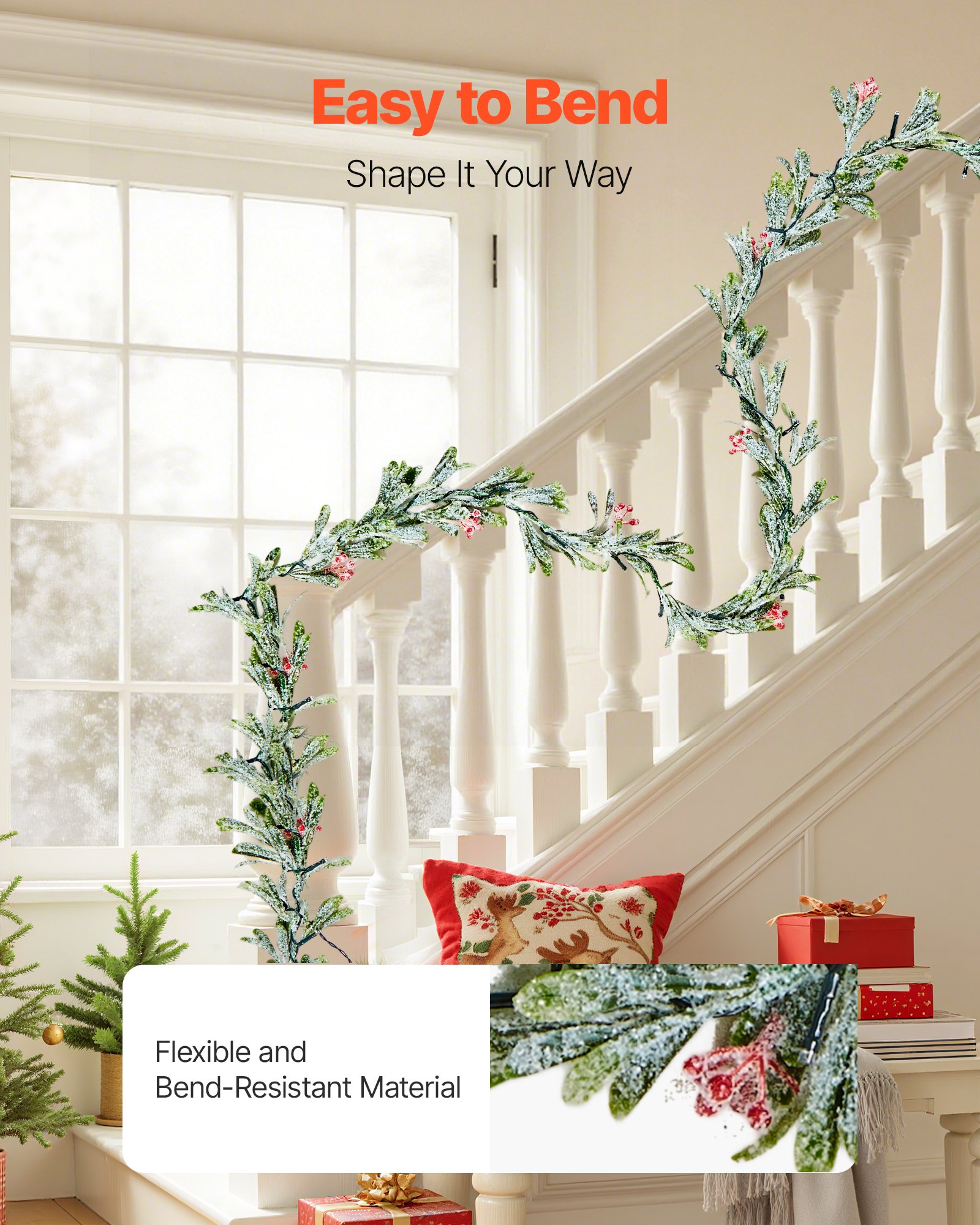 VEVOR Christmas Garland, 9-FT Realistic Greenery Decorated with Vines, Olive Leaves, and Berries, Evergreen Faux Garlands with Light String for Indoor Outdoor Xmas Decoration on Mantel Fireplace