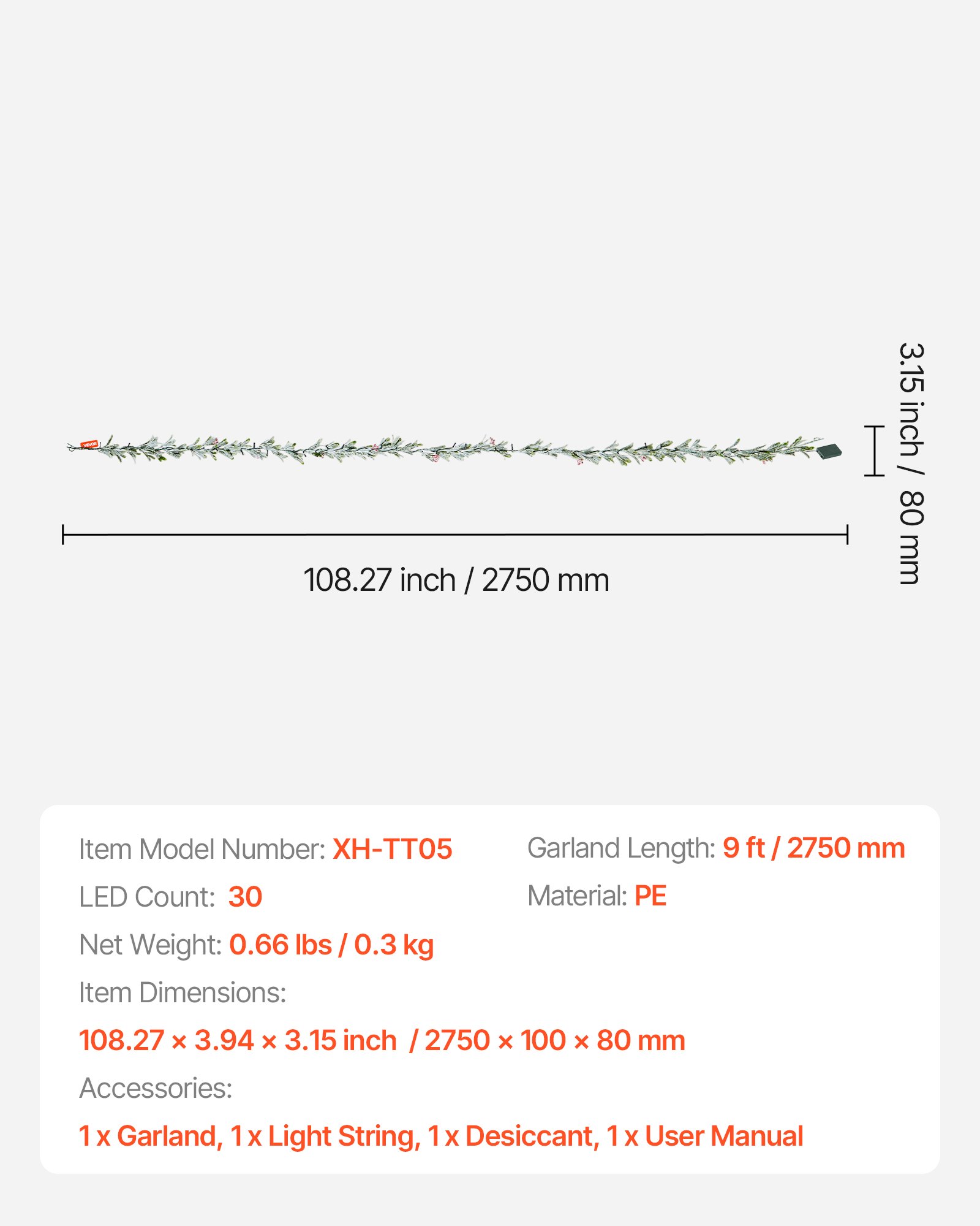 VEVOR Christmas Garland, 9-FT Realistic Greenery Decorated with Vines, Olive Leaves, and Berries, Evergreen Faux Garlands with Light String for Indoor Outdoor Xmas Decoration on Mantel Fireplace