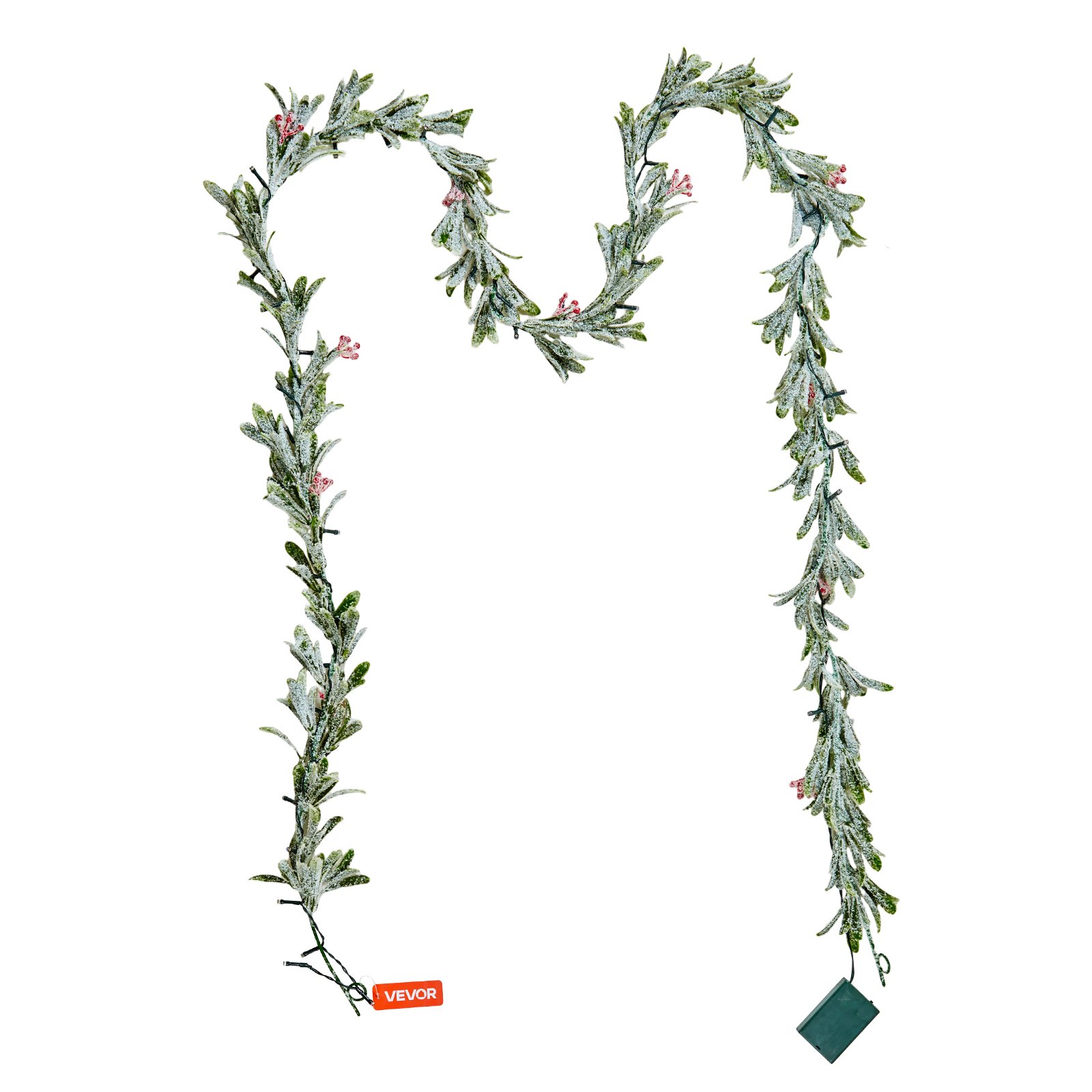 VEVOR Christmas Garland, 9-FT Realistic Greenery Decorated with Vines, Olive Leaves, and Berries, Evergreen Faux Garlands with Light String for Indoor Outdoor Xmas Decoration on Mantel Fireplace