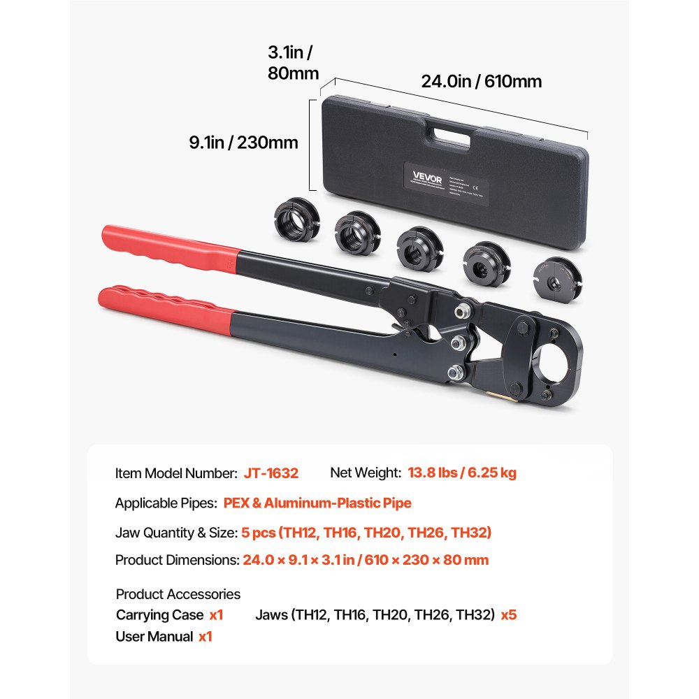 VEVOR-krimptang voor PEX- en aluminium-kunststofbuizen met TH12-, TH16-, TH20-, TH26- en TH32-bekken en flexibele handgreep, krimptang met opbergkoffer voor buisreparaties en -installaties
