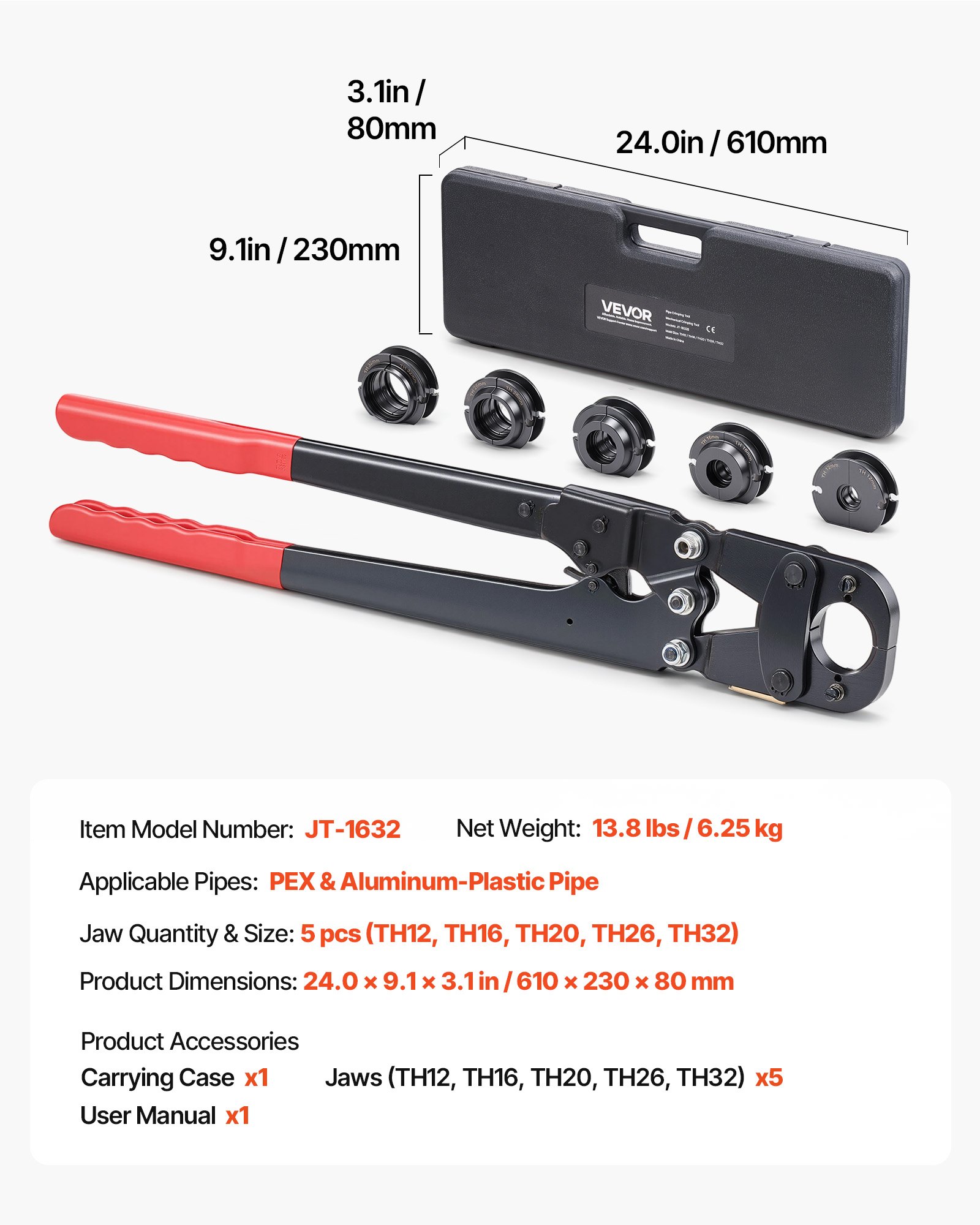 VEVOR-krimptang voor PEX- en aluminium-kunststofbuizen met TH12-, TH16-, TH20-, TH26- en TH32-bekken en flexibele handgreep, krimptang met opbergkoffer voor buisreparaties en -installaties