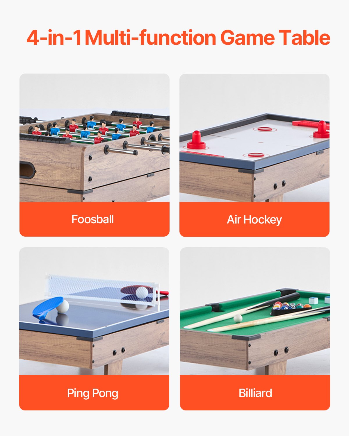 VEVOR 4-in-1 Combo Game Table Set Airhockeytafel (81 cm), Multi-Combinatietafel met Poolbiljart & Hockey & Tafelvoetbal & Pingpong & Pushers & Pucks, voor Kinderen Familie Speelkamer Kantoor