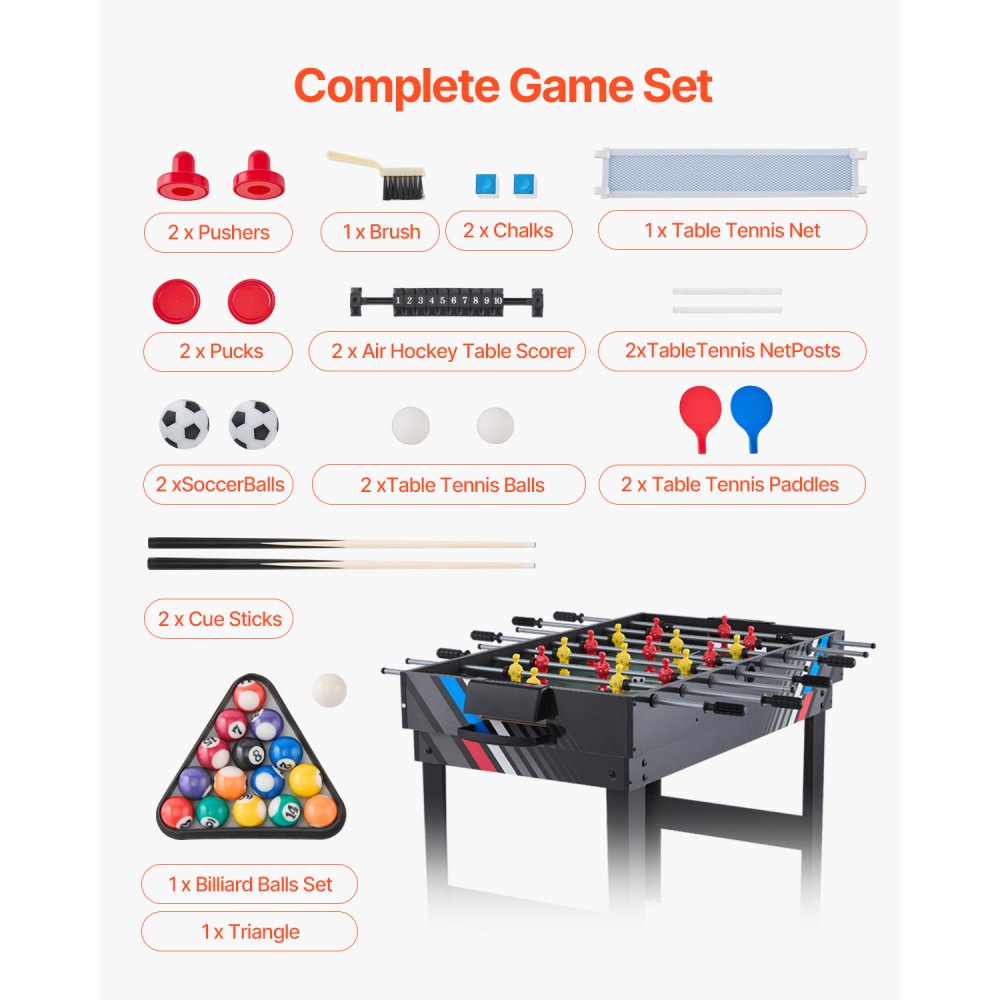 VEVOR 4-in-1 Combo Game Table Set Airhockeytafel (122 cm), Multi-combinatietafel met Airhockey & Poolbiljart & Tafelvoetbal & Pingpong & Pushers & Pucks, Arcadetafel voor Familiespelkamer