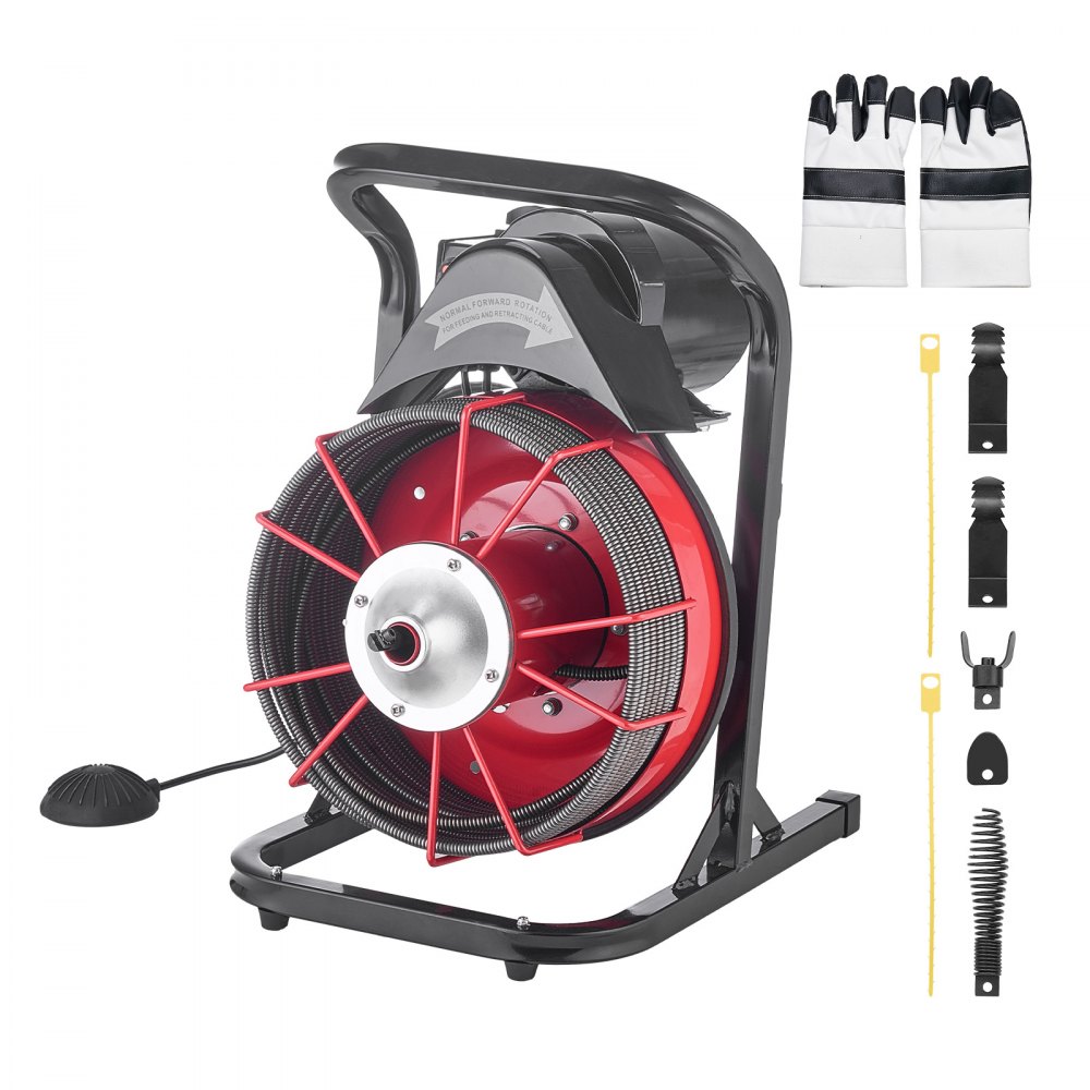 VEVOR pijpreinigingsmachine φ10,5 mm x 23 m, reinigingsspiraal met handmatige invoer, 4 snijbladen en pneumatische voetschakelaar, reiniger voor pijpen van 50 mm tot 100 mm, pijpreinigingsapparaat