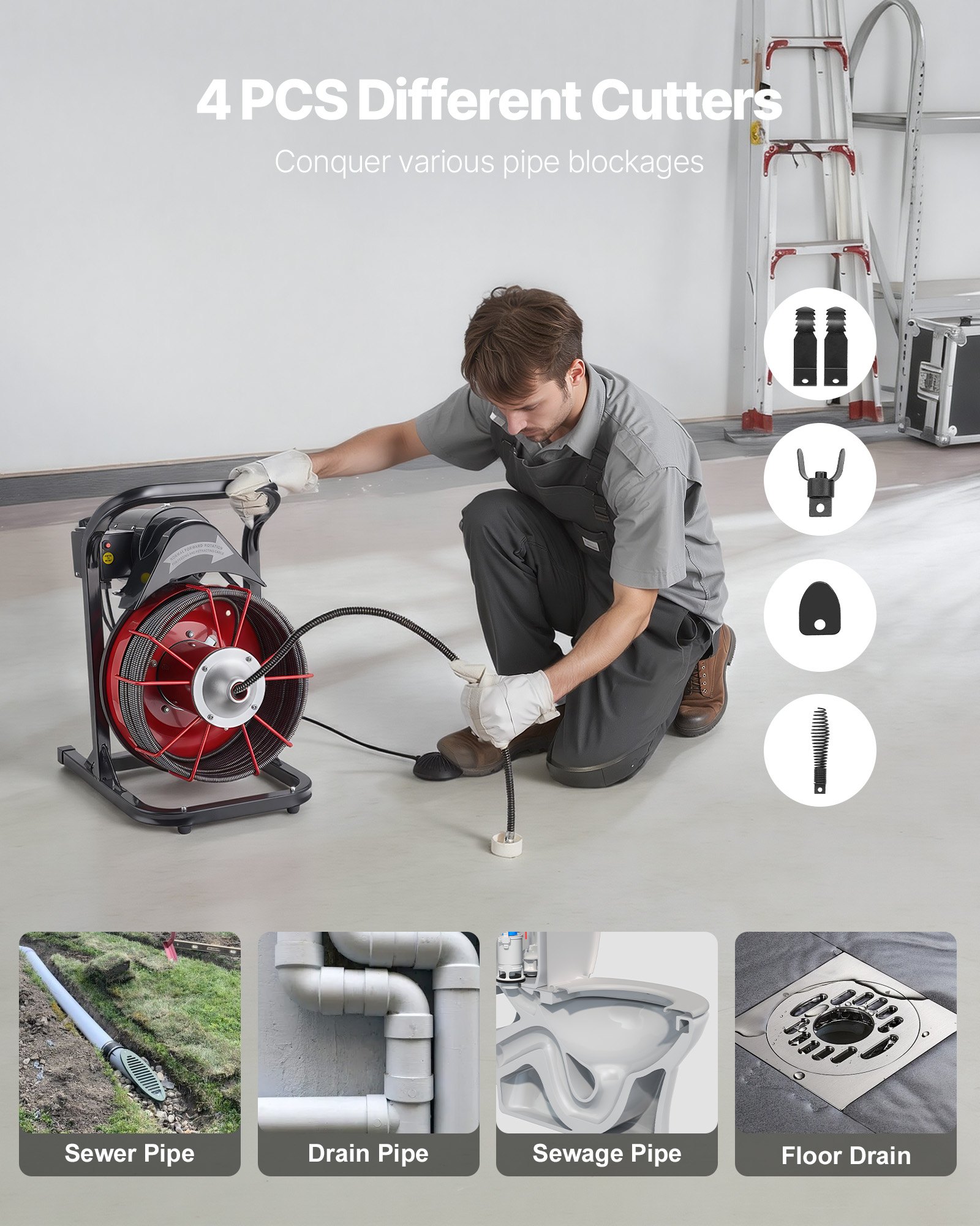 VEVOR Drain Cleaner Machine 15m x 13mm, Sewer Snake Auger Manual Feed with 4 Cutters & Air-activated Foot Switch for 50mm to 150mm Pipes