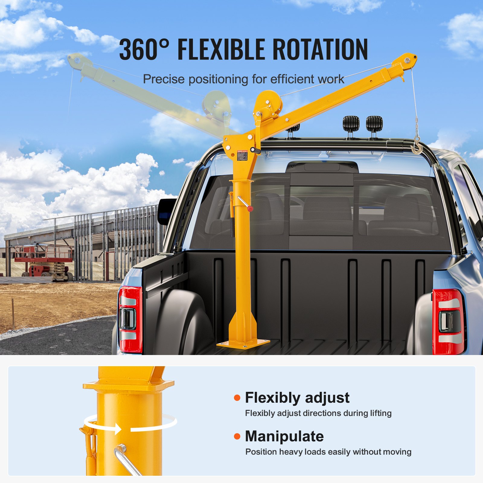 VEVOR Pickup Truck Crane, Folding Truck-Mounted Bed Crane with 1100 lbs Manual Winch, Steel Pickup Truck Jib Crane Hoist 360 Degrees Swivel for Lifting Goods in Construction, Forestry, and Factory
