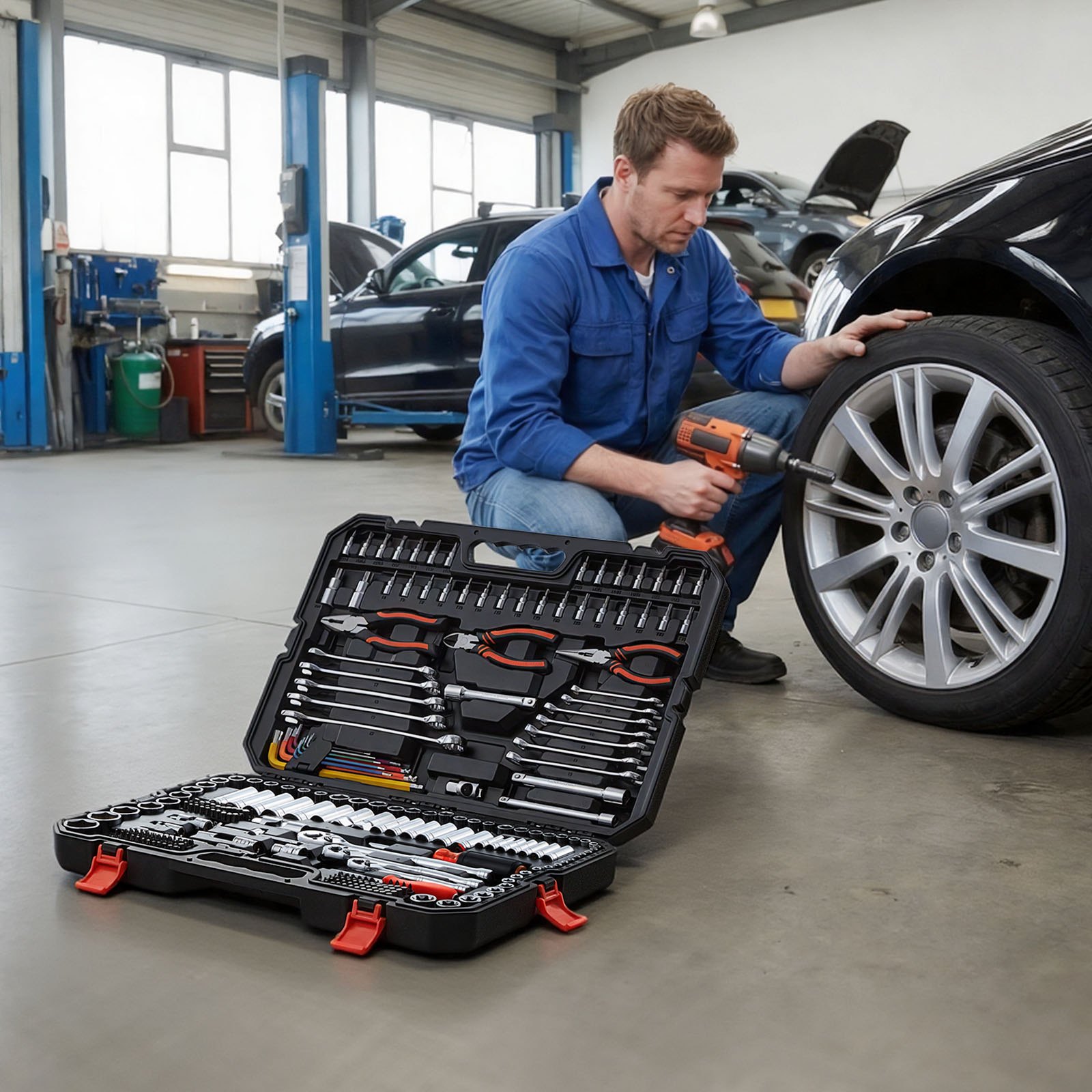 VEVOR 314-delige dopsleutelset met ratelsleutelbox met 1/4", 3/8" en 1/2" aandrijvingen, ratelsleutelset met omkeerbare ratel, universele gereedschapsset voor dagelijkse reparaties en doe-het-zelfprojecten.