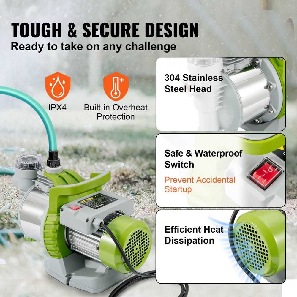 VEVOR Shallow Well Pump, 1100W 230V, 4560 L/h 45 m Head, Max 4.5 bar, Portable Stainless Steel Sprinkler Booster Jet Pumps with Prefilter for Garden Lawn Irrigation system, Lake Fountain, Water Transf