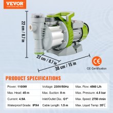 VEVOR Shallow Well Pump, 1100W 230V, 4560 L/h 45 m Head, Max 4.5 bar, Portable Stainless Steel Sprinkler Booster Jet Pumps with Prefilter for Garden Lawn Irrigation system, Lake Fountain, Water Transf