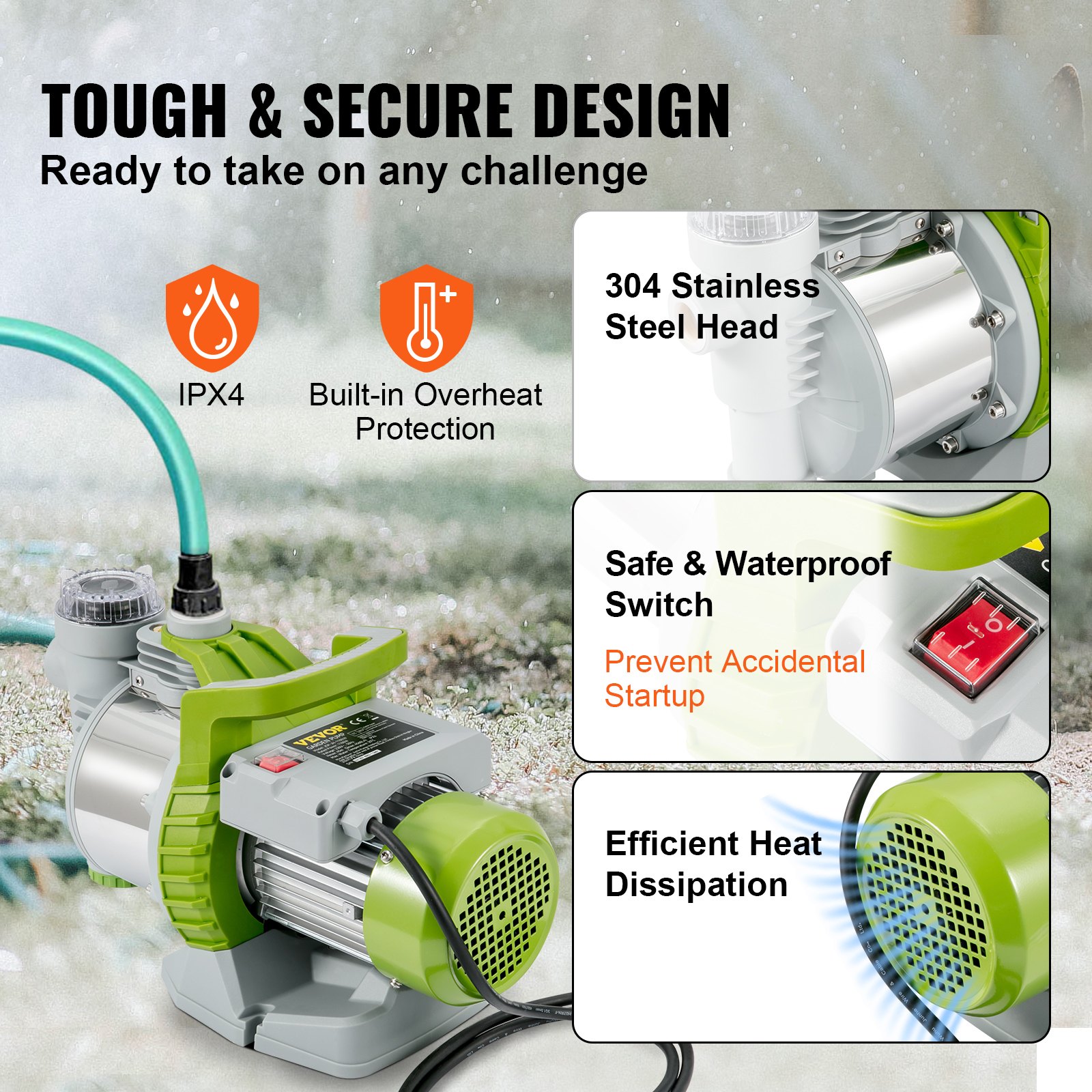 VEVOR Shallow Well Pump, 1100W 230V, 4560 L/h 45 m Head, Max 4.5 bar, Portable Stainless Steel Sprinkler Booster Jet Pumps with Prefilter for Garden Lawn Irrigation system, Lake Fountain, Water Transf