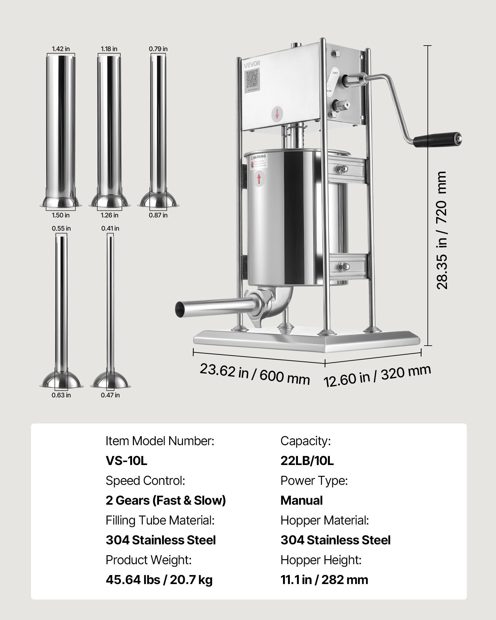 VEVOR Handmatige worstvulmachine 10L Verticale worstvulmachine Vleesvuller met 2 snelheden (snel/langzaam), Robuuste roestvrijstalen vuller met 5 worstvulbuizen, Vleesvulling