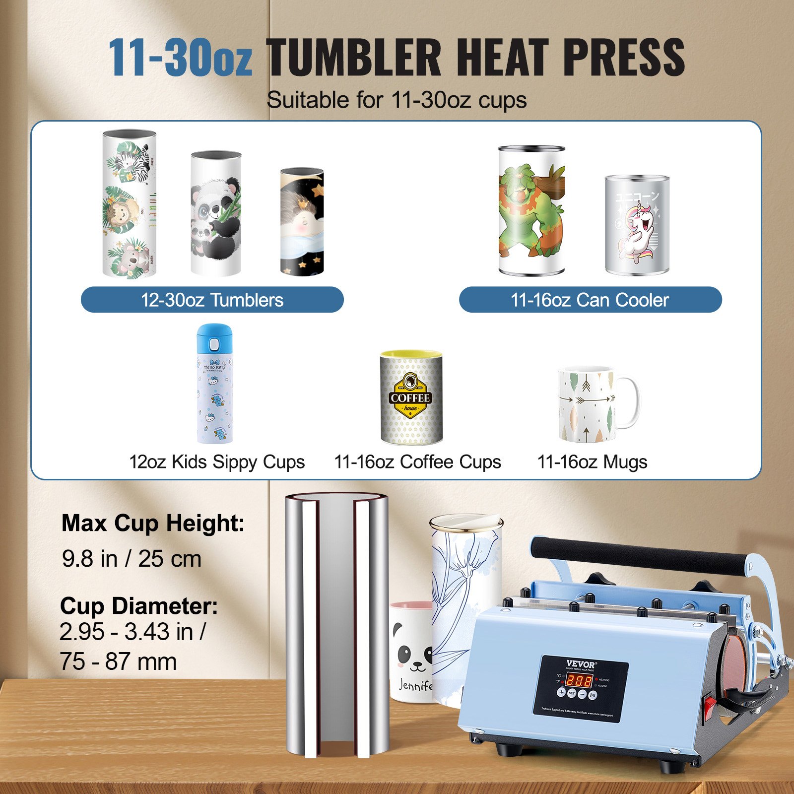 VEVOR Tumbler Heat Press, 11-30 oz Mokpers, Snelle en gelijkmatige verwarming, Tumbler Press met sublimatiepapier, tape en handschoenen, temperatuur- en tijdsinstelling