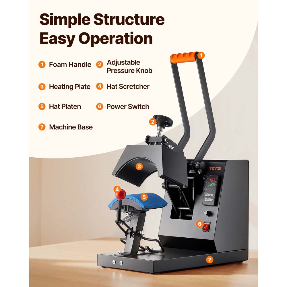 VEVOR Hat Heat Press, 4-in-1 Cap Heat Press Machine, 6x3inches Clamshell Sublimation Transfer, LCD Digital Timer Temperature Control with 4pcs Curved Heating Elements (6x3/6.7x2.7/6.7x2.7/8.1x3.5)