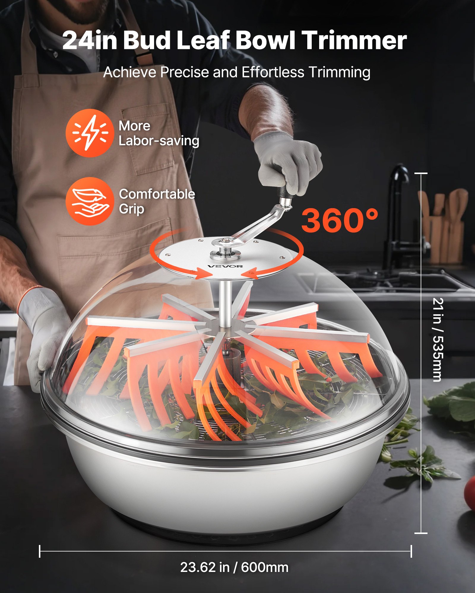 VEVOR Bud Leaf Bowl Trimmer, 24 in Manual Bud Trimmer, with Sharp Stainless Steel Blades, Visual Cutting, Wet & Dry Hydroponic Cutting Machine, Twisted Spin Cut for Plants Leaves Buds Flowers