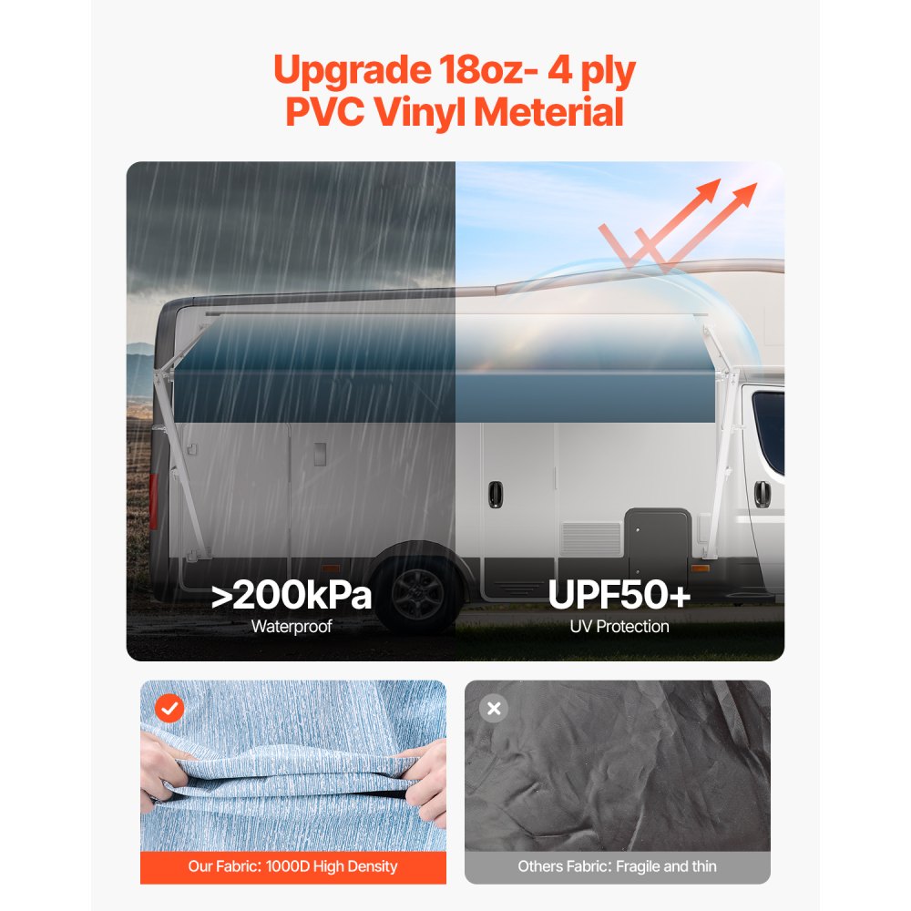 VEVOR Luifel Universele Privacy Screen RV Luifels (609,6 cm) Waterdichte Camper Luifel met Aluminiumlegering Frame, Buiten Luifel met Witte Standaard en Blauwe Verloopstoffen