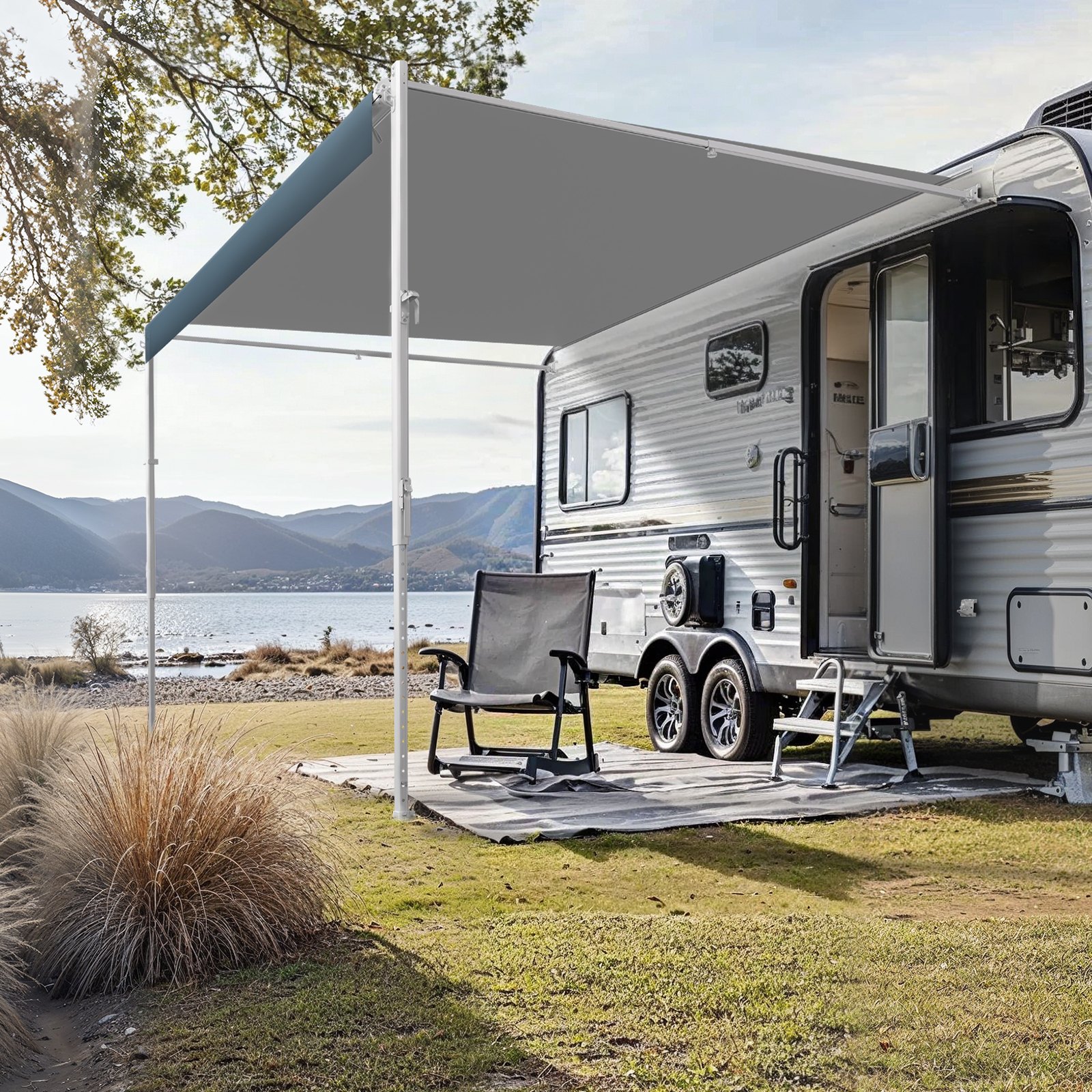 VEVOR Luifel Universele Privacy Screen RV Luifels (609,6 cm) Waterdichte Camper Luifel met Aluminiumlegering Frame, Buiten Luifel met Witte Standaard en Blauwe Verloopstoffen