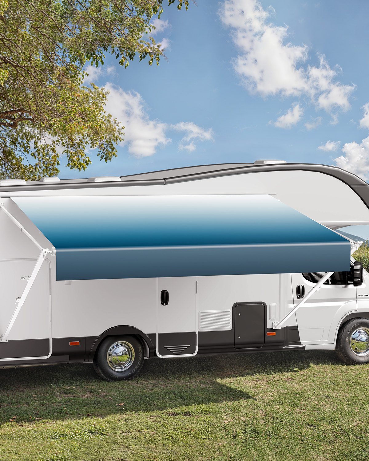 VEVOR Luifel Universele Privacy Screen RV Luifels (609,6 cm) Waterdichte Camper Luifel met Aluminiumlegering Frame, Buiten Luifel met Witte Standaard en Blauwe Verloopstoffen