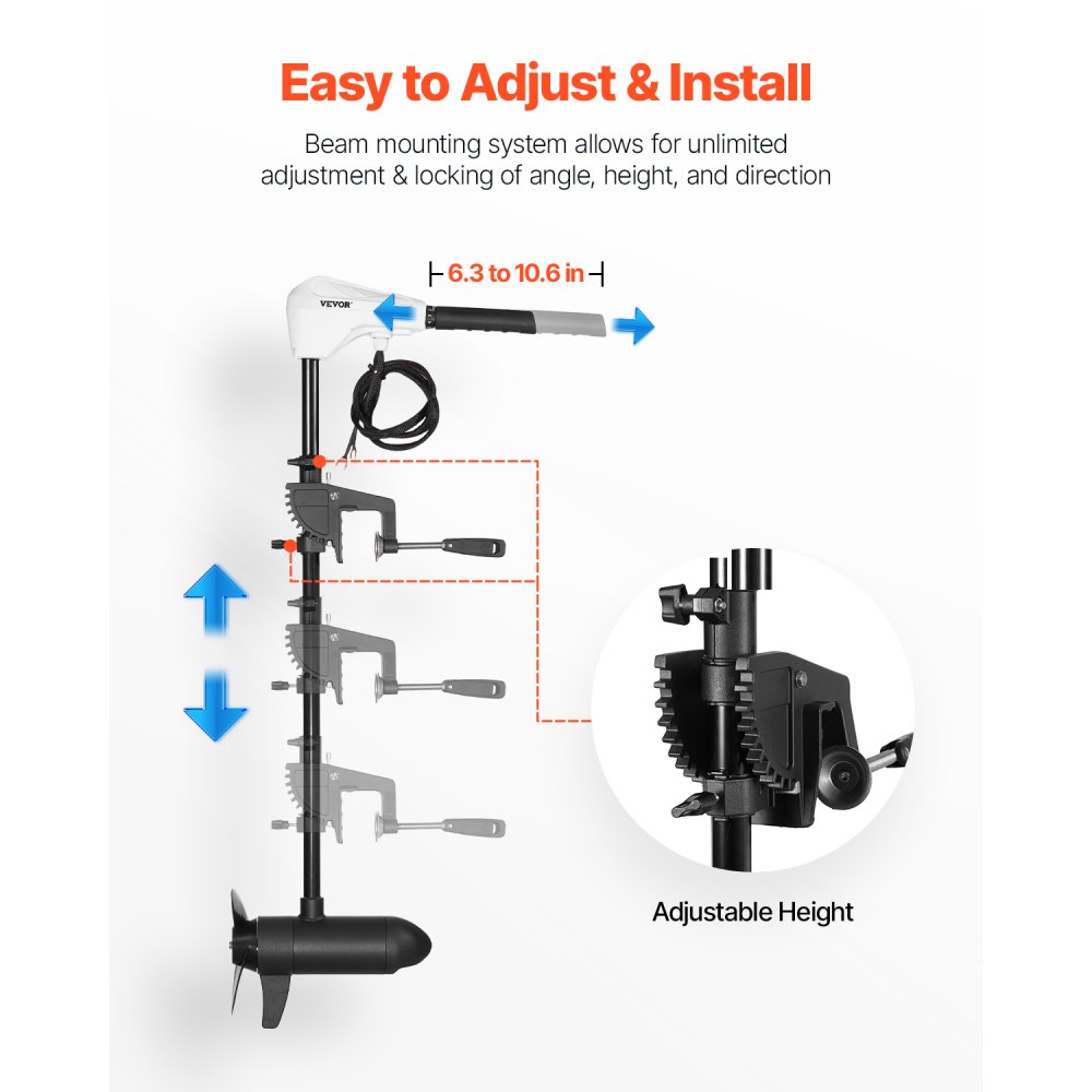 VEVOR Electric Trolling Motor, Transom Mounted Outboard Boat Motors 12V 55lbs Thrust, 8-Speed Electric Boat Engine w/ Battery Indicator, for Kayaks, Fishing Boats on Freshwater/Saltwater, 30-In Shaft