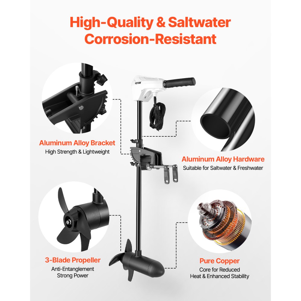 VEVOR elektrische buitenboordmotor, spiegelgemonteerde bootmotor, 12V, 25kg stuwkracht, 8-snelheden sleepmotor met batterij-indicator, voor kajaks, zoetwater-/zoutwatervisboten, 76cm schacht