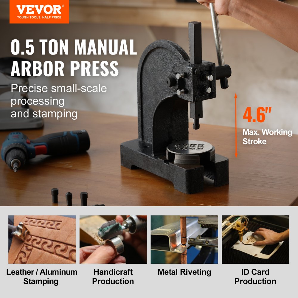 VEVOR Arbor Press, 500 kg Handhendelpers, Handmatige Arbor Press Precisie Handpers, 119 mm Maximale Hoogte, Handmatige Tafelponspers Gemaakt van Gietijzer, voor Ponsen, Buigen, Strekken, Vormen