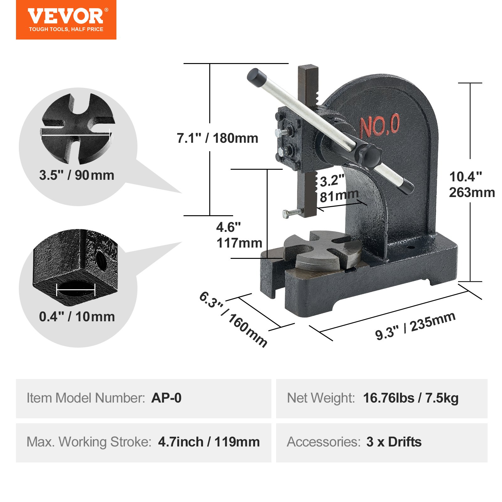 VEVOR Arbor Press, 500 kg Handhendelpers, Handmatige Arbor Press Precisie Handpers, 119 mm Maximale Hoogte, Handmatige Tafelponspers Gemaakt van Gietijzer, voor Ponsen, Buigen, Strekken, Vormen