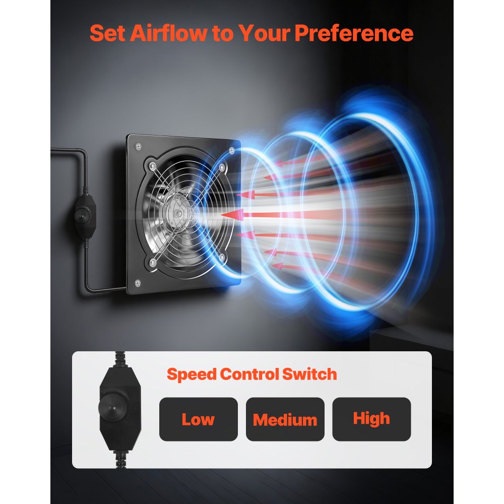 VEVOR 8 Inch Exhaust Fan, 576 CFM High Velocity Wall Mount Vent Fan with Speed Control, Low Consumption, Portable Ventilation Extractor for Attic,Garage,Basement,Workshop,Kitchen, Chicken Coop,Black