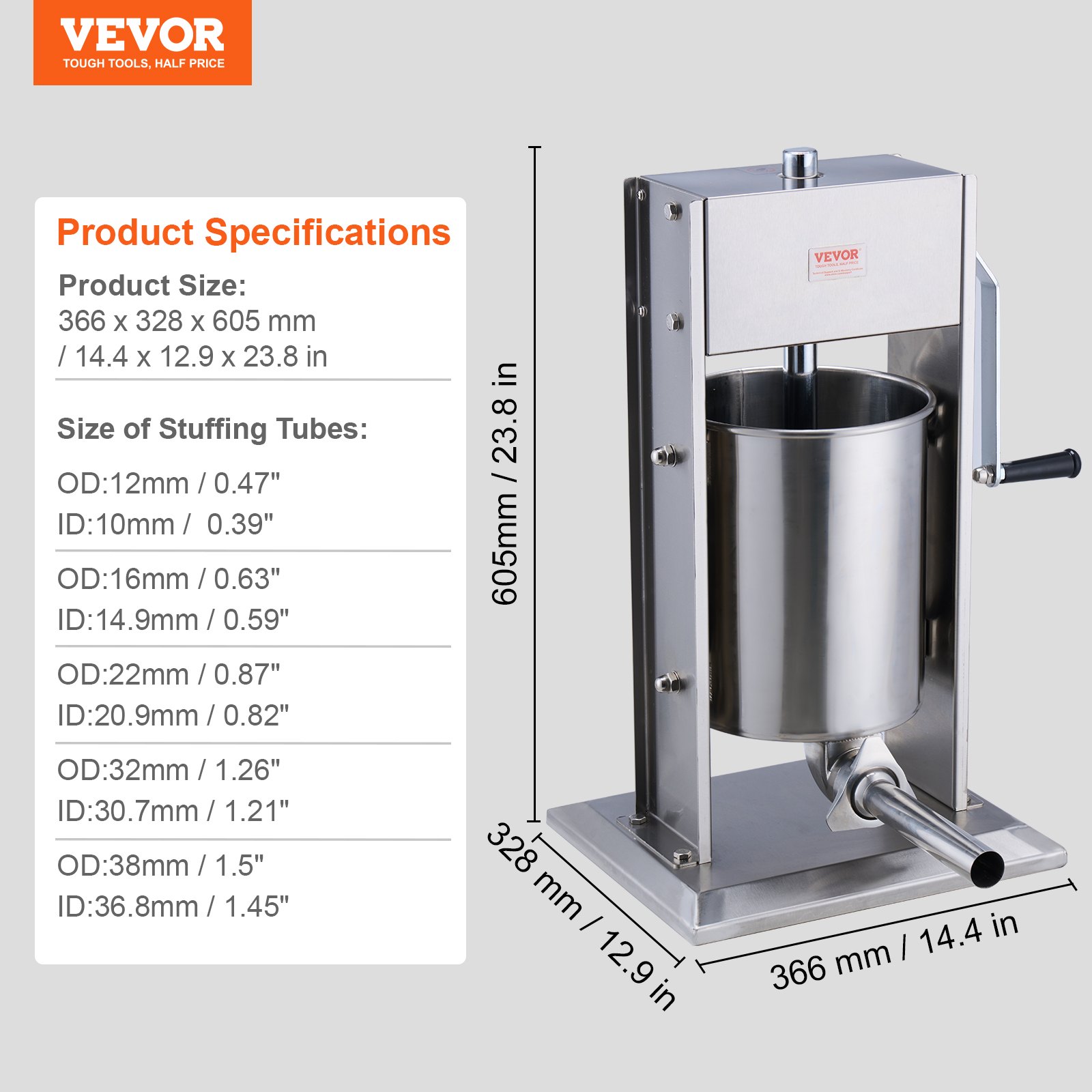 VEVOR handmatige worstvulmachine, 10L/22lb verticale worstmaker, vleesvulmachine met twee snelheden, gemaakt van roestvrij staal 304 van voedingskwaliteit, inclusief 5 vulbuizen, voor thuis, keuken, restaurant en commercieel gebruik