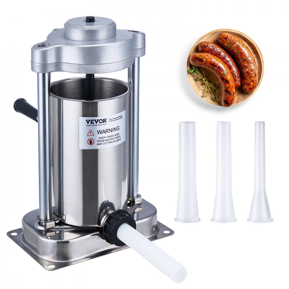 VEVOR sausage stuffer with stainless steel body, three nozzles, and three cooked sausages on a plate.