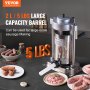 VEVOR sausage stuffer with 5 lbs capacity barrel, surrounded by plates of sausages and ground meat.