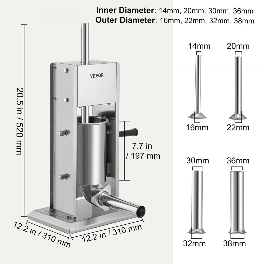 VEVOR Handmatige worstvuller Worstvulmachine 3 L, roestvrij staal + aluminium Professionele zilveren worstmachine inclusief 37 / 30 / 21 / 15 mm vulbuizen, 2-versnellingsbak Verticale worstpers Handzwengel