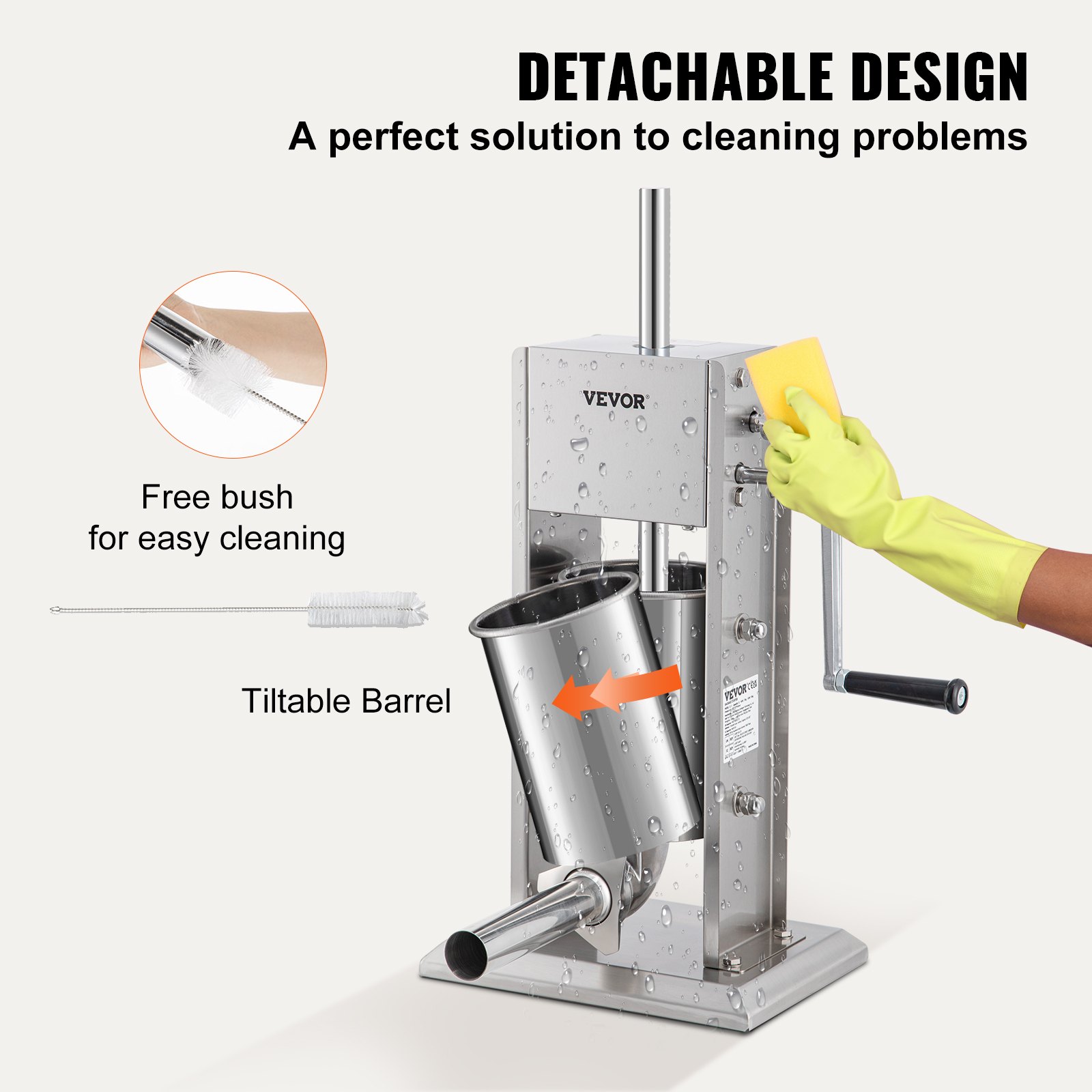 VEVOR Handmatige worstvuller Worstvulmachine 3 L, roestvrij staal + aluminium Professionele zilveren worstmachine inclusief 37 / 30 / 21 / 15 mm vulbuizen, 2-versnellingsbak Verticale worstpers Handzwengel