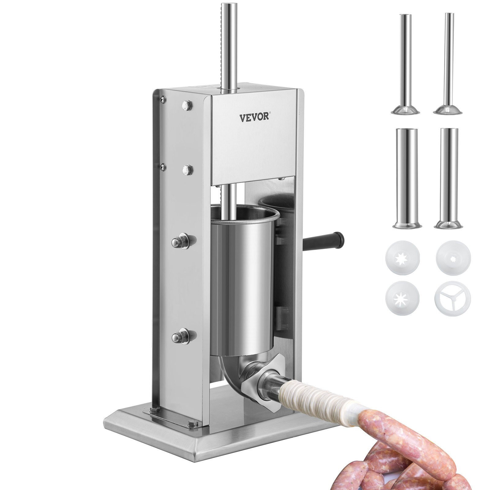 VEVOR Handmatige worstvuller Worstvulmachine 3 L, roestvrij staal + aluminium Professionele zilveren worstmachine inclusief 37 / 30 / 21 / 15 mm vulbuizen, 2-versnellingsbak Verticale worstpers Handzwengel