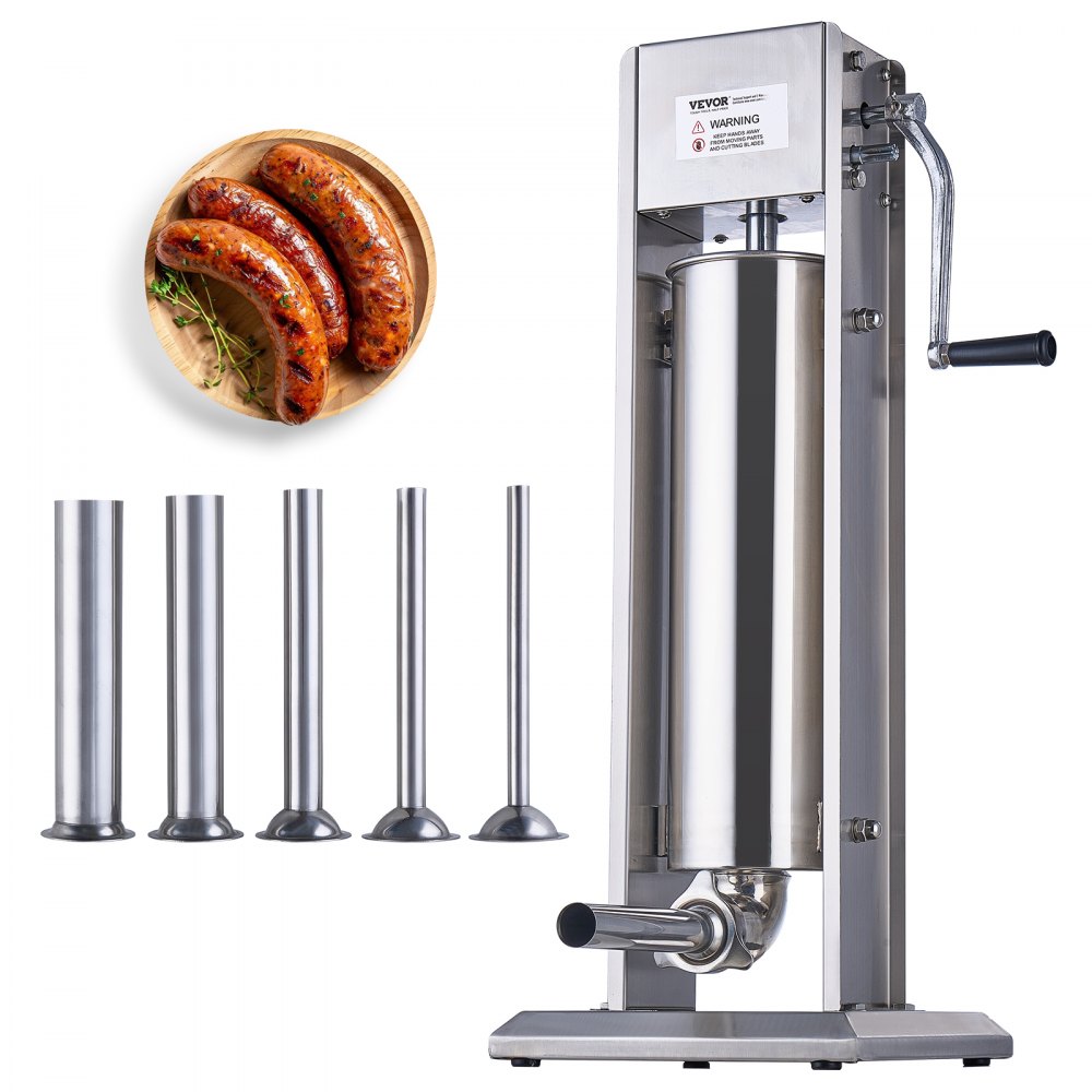 VEVOR sausage stuffer with stainless steel build, multiple stuffing tubes, and browned sausages on a plate.