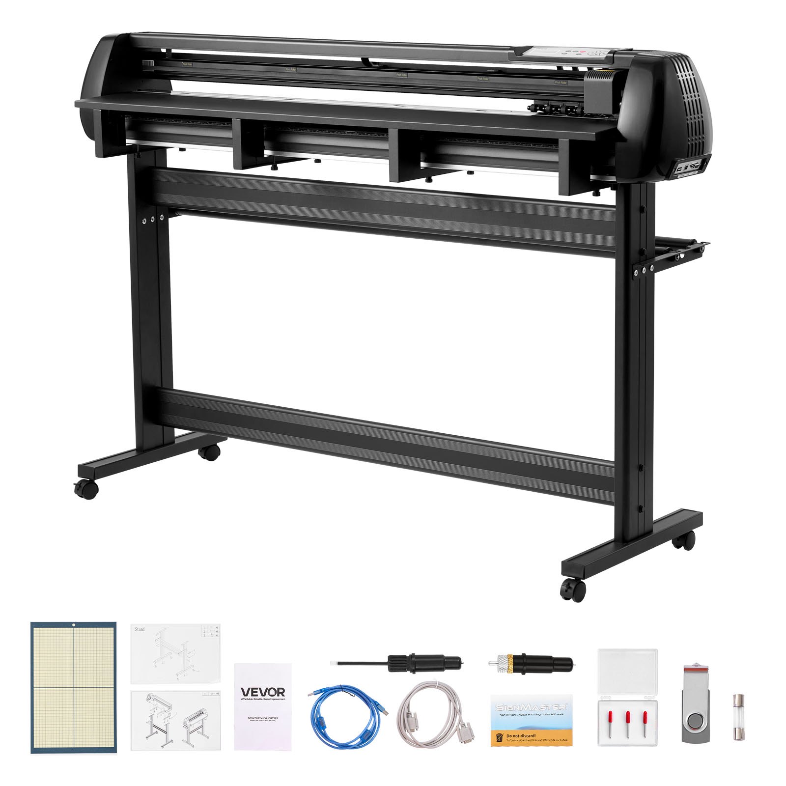 VEVOR vinylsnijmachine met een maximale invoerbreedte van 135 cm, dubbele messen en led-display; plotterset met Signmaster-software, compatibel met Windows en macOS.