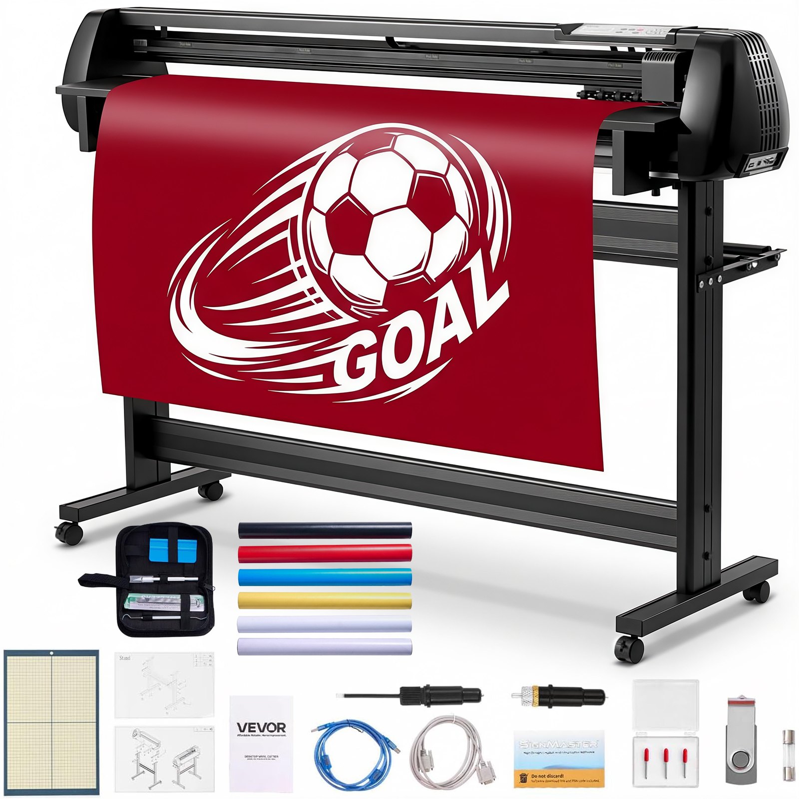 VEVOR vinylsnijmachine met een maximale invoerbreedte van 135 cm, dubbele messen en led-display; verstelbare vinylsnijplotterset met stickervellen, transferfolies en Signmaster-software.