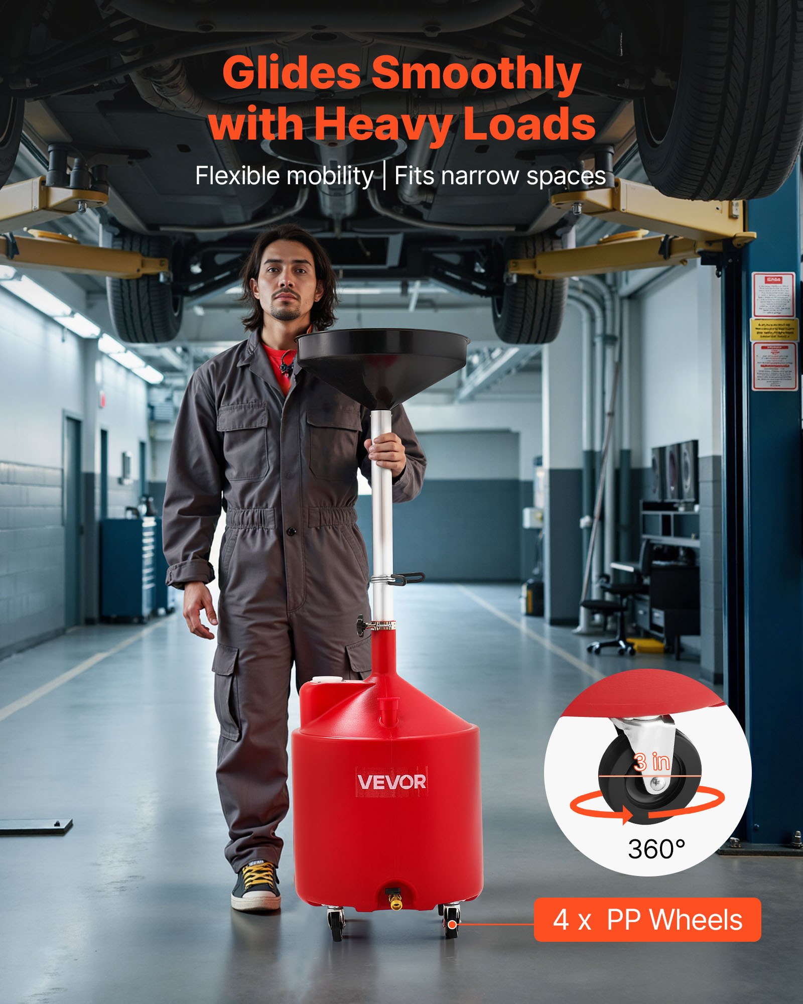 VEVOR 68L Waste Oil Drain Tank, Industrial Fluid Drain Tank with Adjustable Funnel Height, Portable Oil Drainer with Wheels, Fluid Fuel Transfer Drainage for Auto Repair Shops, Garages, Red