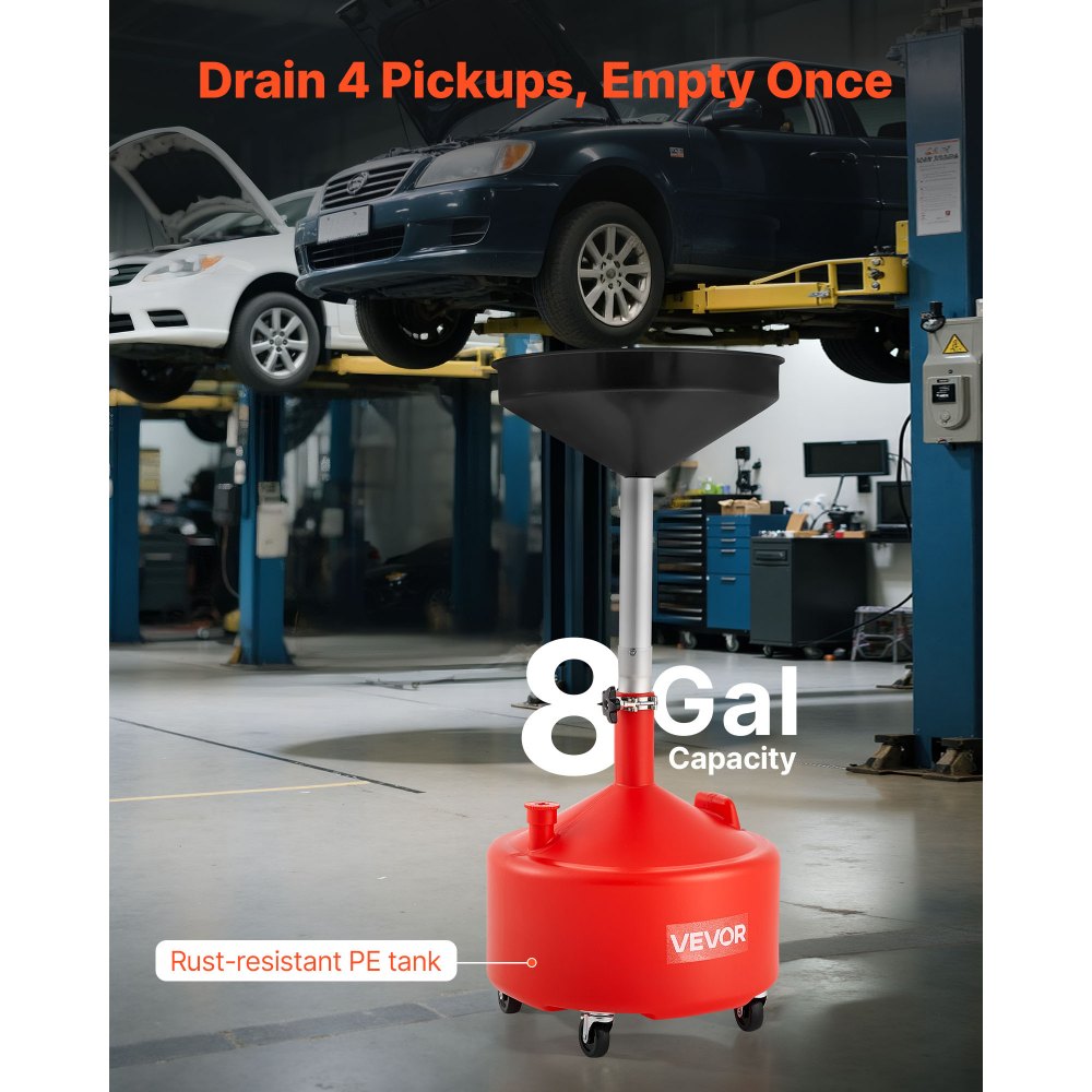 VEVOR 30L olieopvangwagen, olieopvangwagen met verstelbare trechterhoogte, draagbare olieopvangcontainer met wielen, aftapkraan voor vloeibare brandstof voor autoreparatiewerkplaatsen en garages, rood