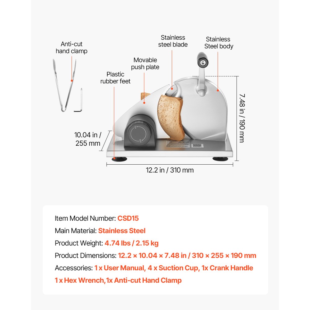 VEVOR Handmatige Broodsnijmachine, Kaassnijmachine met Verstelbare Snijdikte (0–15 mm), Handbediende Broodsnijmachine met Microgekarteld Roestvrijstalen Mes voor Keuken, Bakkerij en Feesten