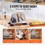 VEVOR bread slicer in action. step-by-step guide to slice easily, displayed with cheese and bread.