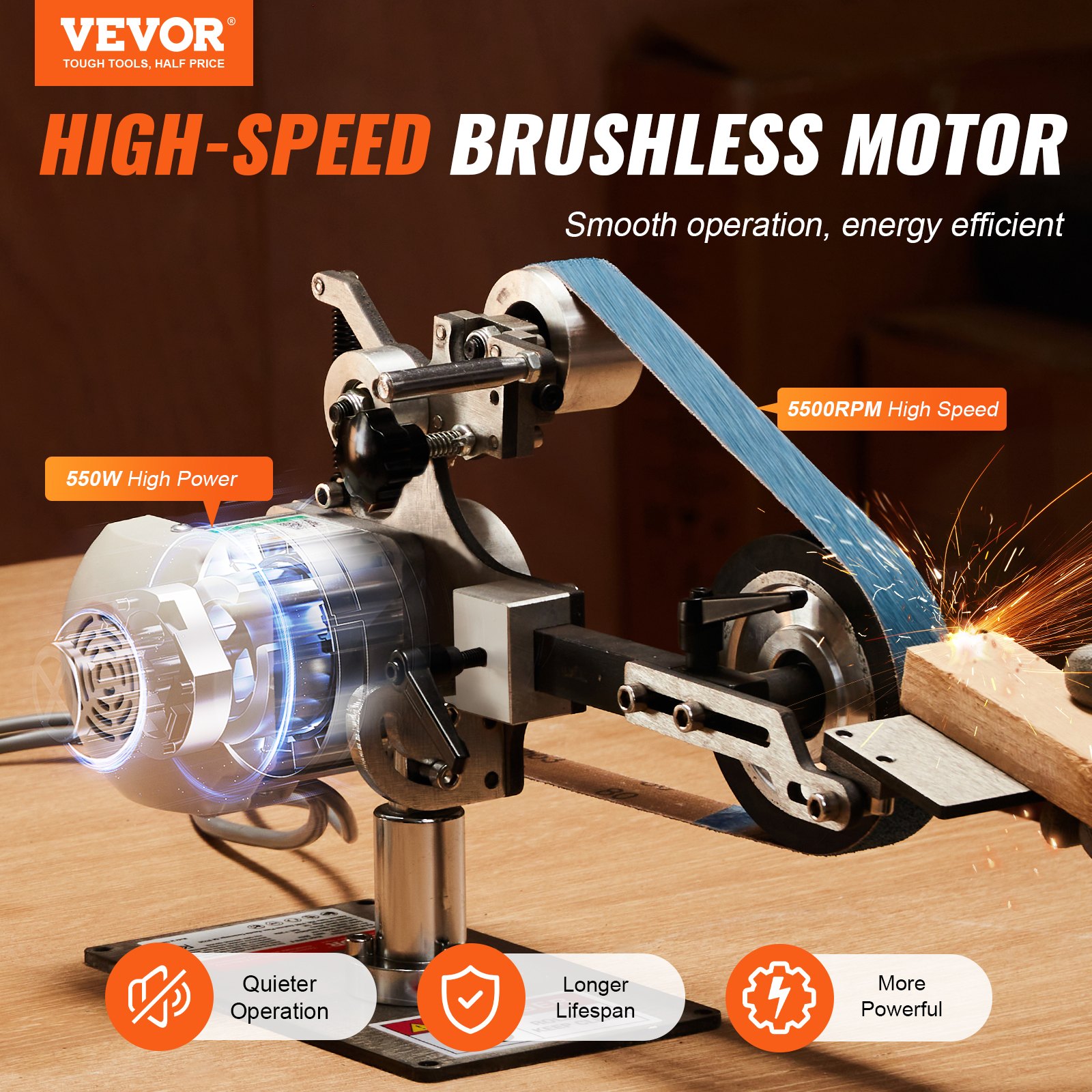 VEVOR Bandschuurmachine, 762x25,4 mm Bandpolijstmachine met variabele snelheid en VFD, 550W Polijst- en slijpmachine met 2 slijpmallen en 3 schuurbanden voor metaalbewerking, messenmakerij