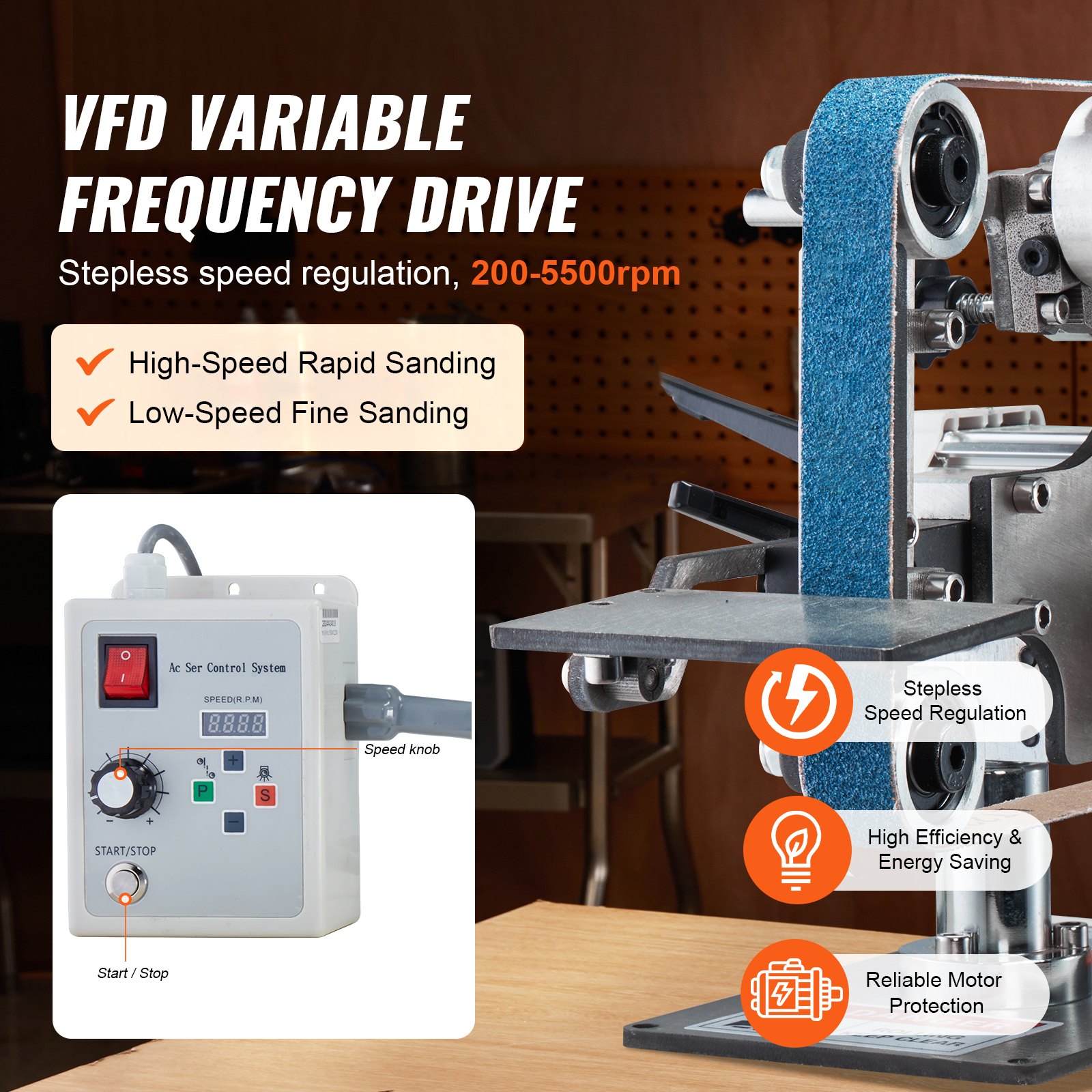 VEVOR Bandschuurmachine, 762x25,4 mm Bandpolijstmachine met variabele snelheid en VFD, 550W Polijst- en slijpmachine met 2 slijpmallen en 3 schuurbanden voor metaalbewerking, messenmakerij