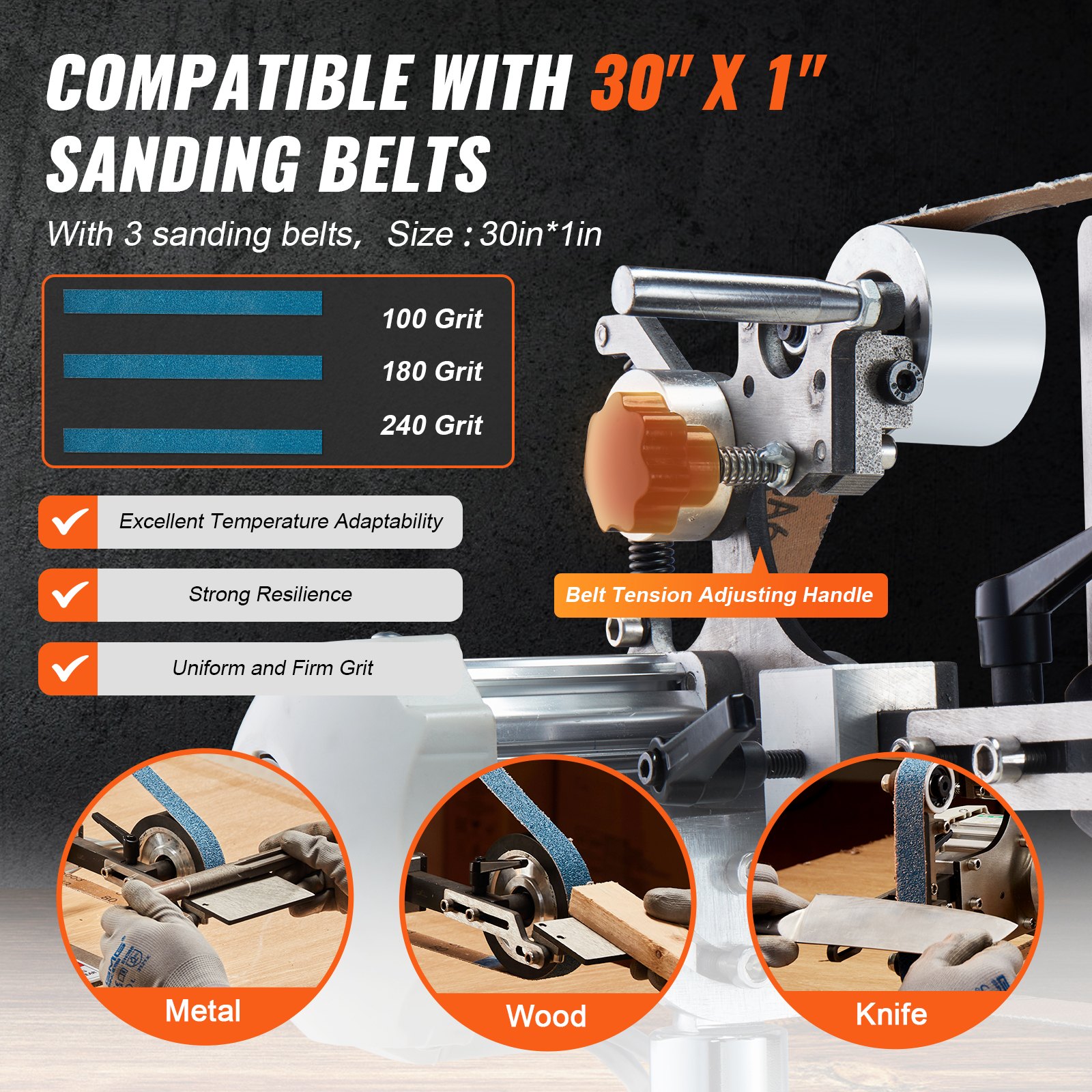 VEVOR Bandschuurmachine, 762x25,4 mm Bandpolijstmachine met variabele snelheid en VFD, 550W Polijst- en slijpmachine met 2 slijpmallen en 3 schuurbanden voor metaalbewerking, messenmakerij