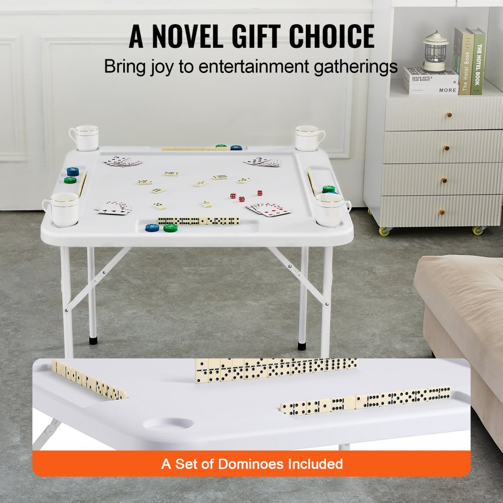 VEVOR Mahjongtafel, Dominotafel, Opvouwbare kaarttafel voor 4 spelers met 4 bekerhouders en 4 chipladen, Draagbare Dominotafel met 1 set dominostenen voor Mahjongpokerpuzzels