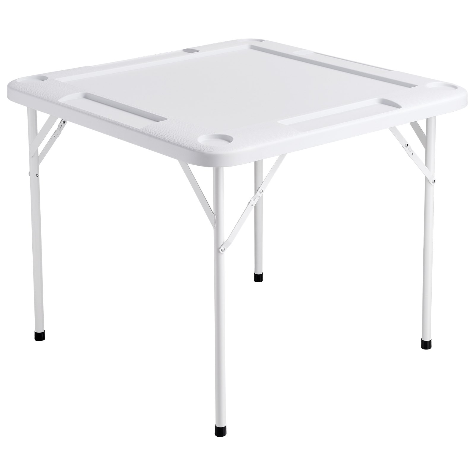 VEVOR Mahjong Table, Square 4 Player Folding Card Table with 4 Cup Holders & 4 Chip Trays, Portable Domino Game Table with 1 Set of Dominoes for Mahjong Poker Puzzles, 35.4 x 35.4-inch, White