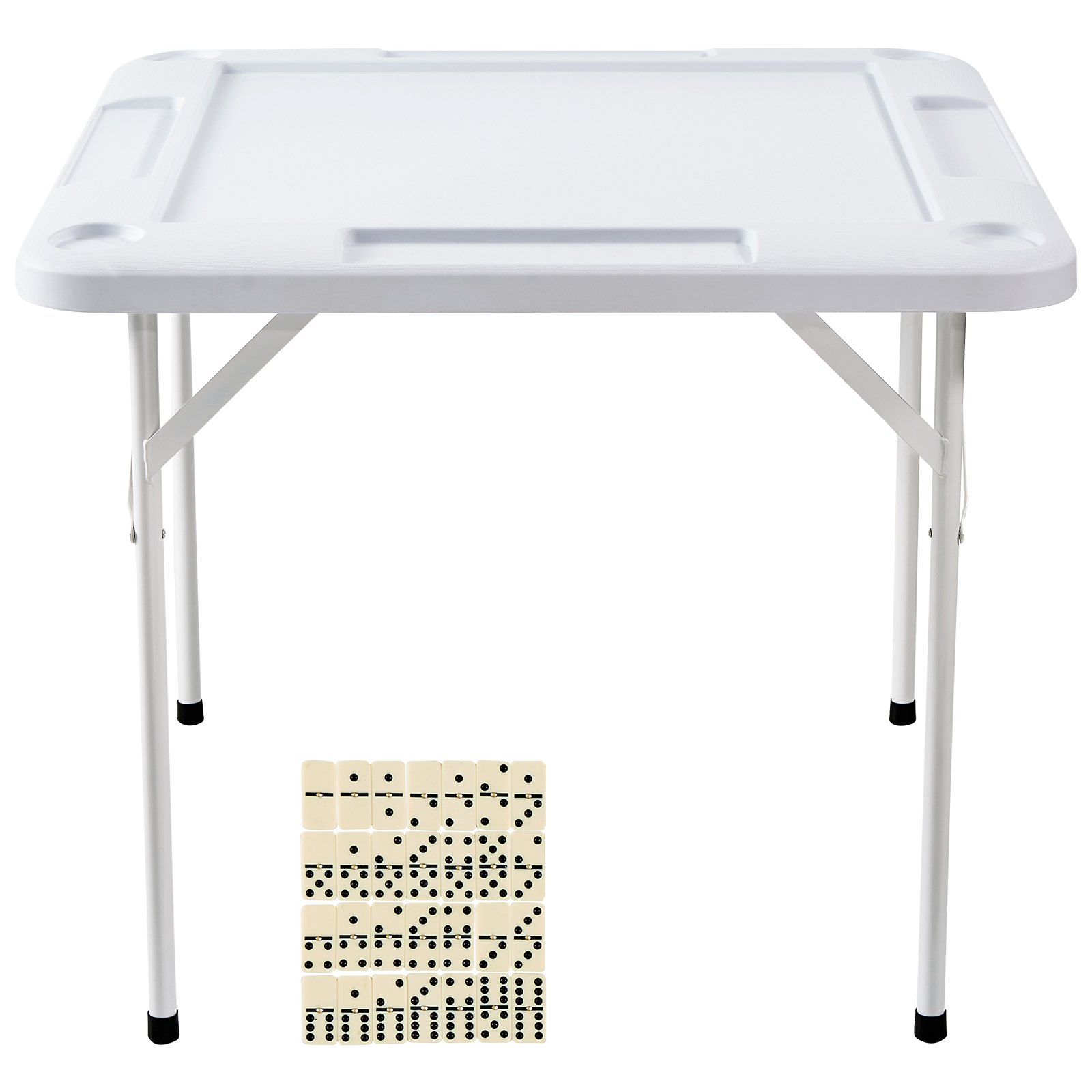 VEVOR Mahjong Table, Square 4 Player Folding Card Table with 4 Cup Holders & 4 Chip Trays, Portable Domino Game Table with 1 Set of Dominoes for Mahjong Poker Puzzles, 35.4 x 35.4-inch, White