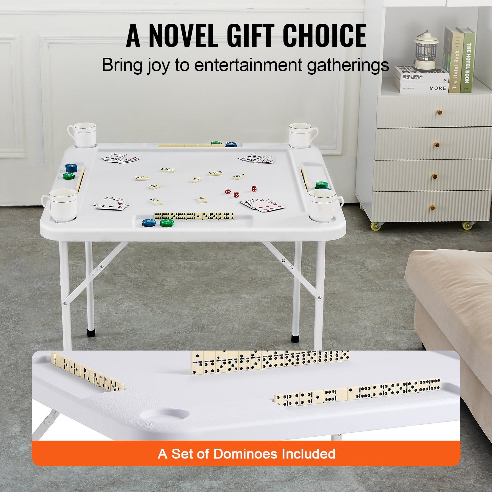 VEVOR Mahjongtafel, Dominotafel, Opvouwbare kaarttafel voor 4 spelers met 4 bekerhouders en 4 chipladen, Draagbare Dominotafel met 1 set dominostenen voor Mahjongpokerpuzzels