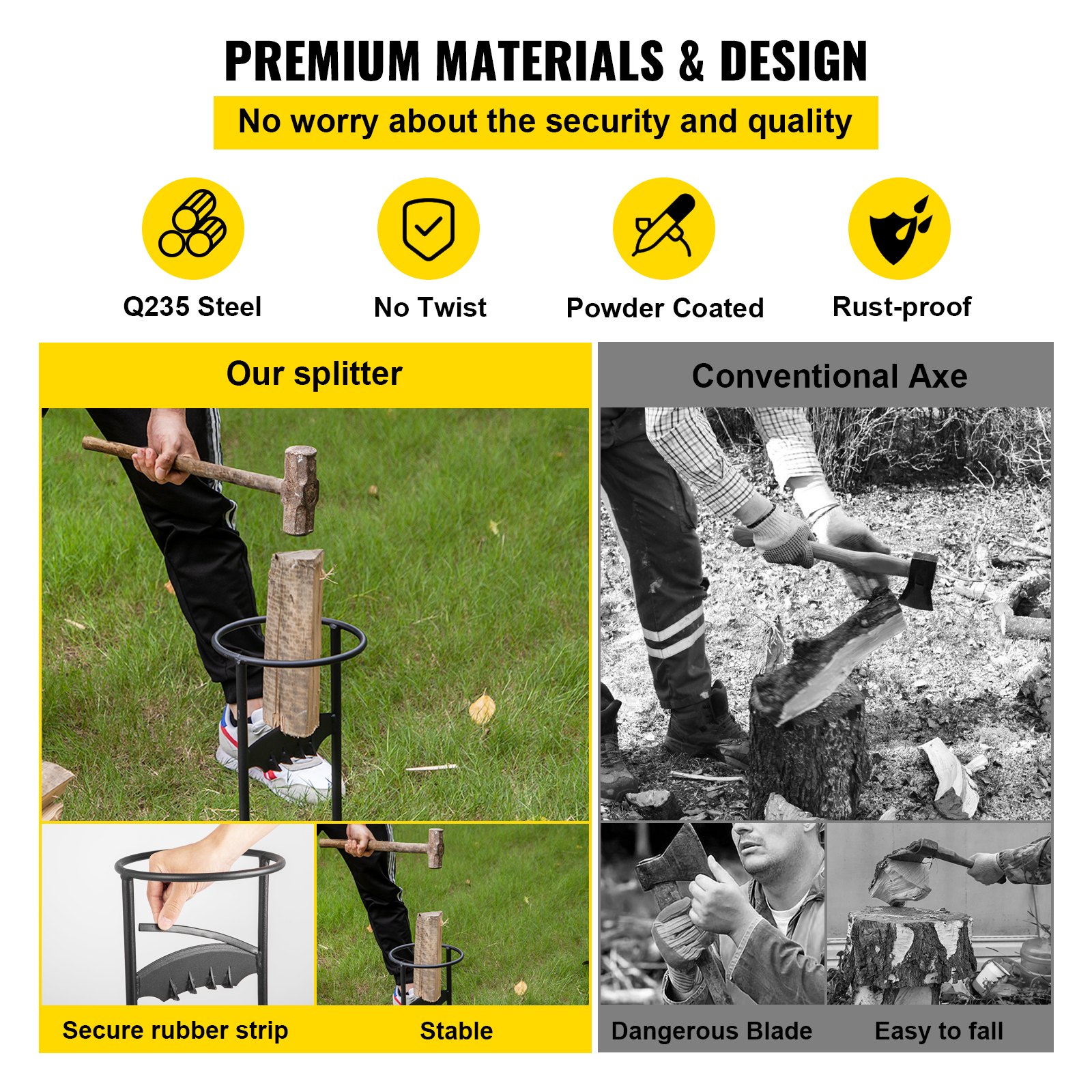 VEVOR Handmatige Brandhout Splitter 43,2 cm Hoge Handgemaakt Brandhout Splitter Tool Q235 Staal Brandhout Distributeur met het Ontwerp van Bovenste Ring en Rubberen Strip voor Het Maken van Brandhout
